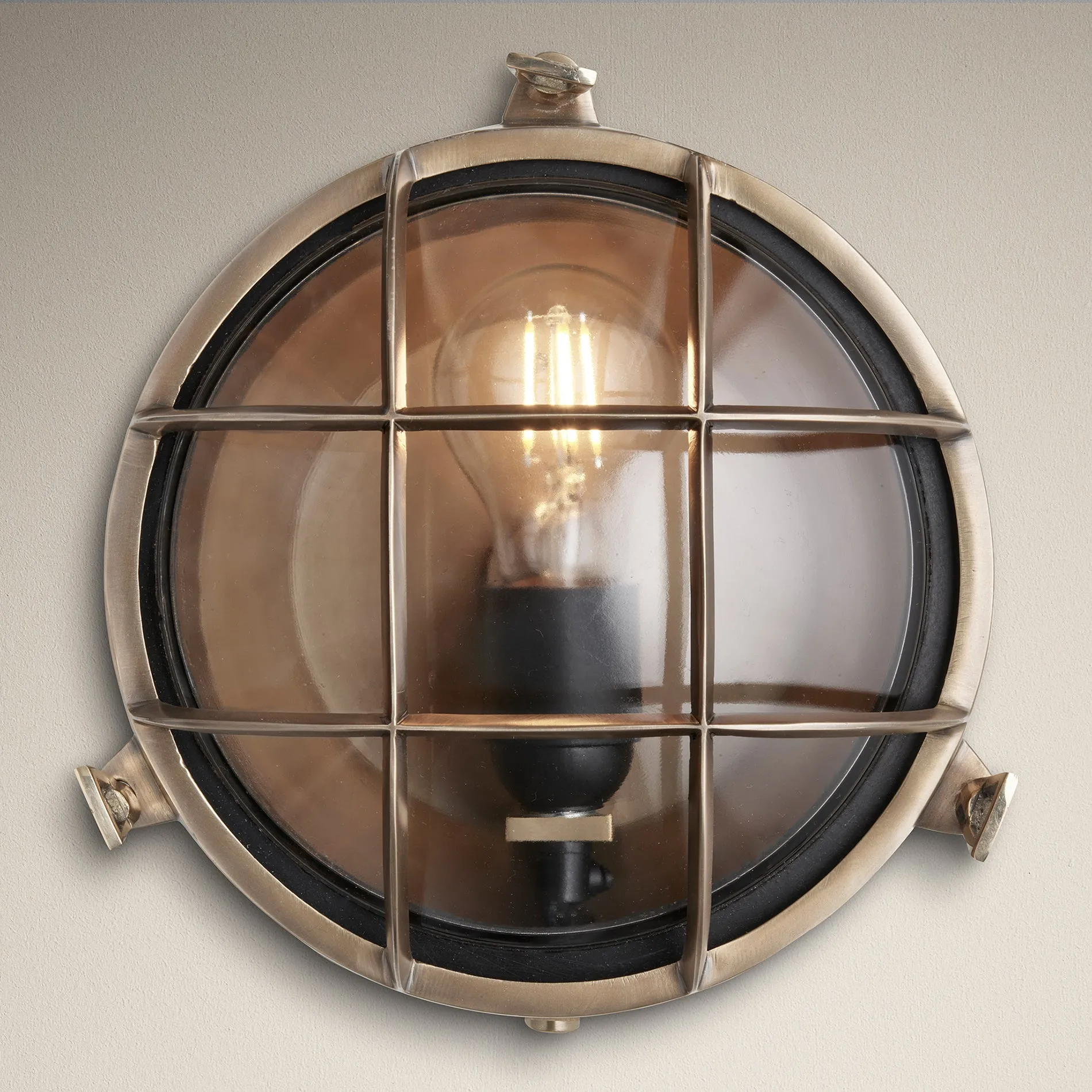 8 Inch Solid Brass Bulkhead Outdoor & Bathroom Round Wall Light with Versatile Side & Rear Wiring Options