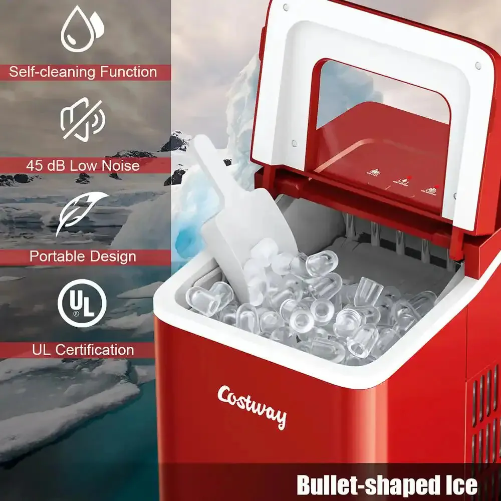 9 In. W 26 Lbs./24-Hour Countertop Portable Ice Maker Self-Cleaning Wit-Hour Scoop in Red