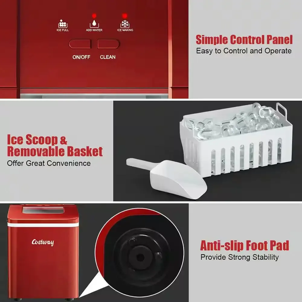 9 In. W 26 Lbs./24-Hour Countertop Portable Ice Maker Self-Cleaning Wit-Hour Scoop in Red