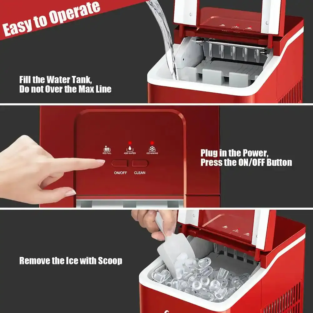 9 In. W 26 Lbs./24-Hour Countertop Portable Ice Maker Self-Cleaning Wit-Hour Scoop in Red