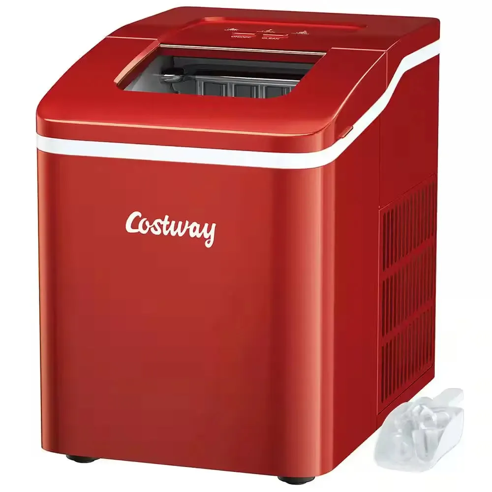 9 In. W 26 Lbs./24-Hour Countertop Portable Ice Maker Self-Cleaning Wit-Hour Scoop in Red