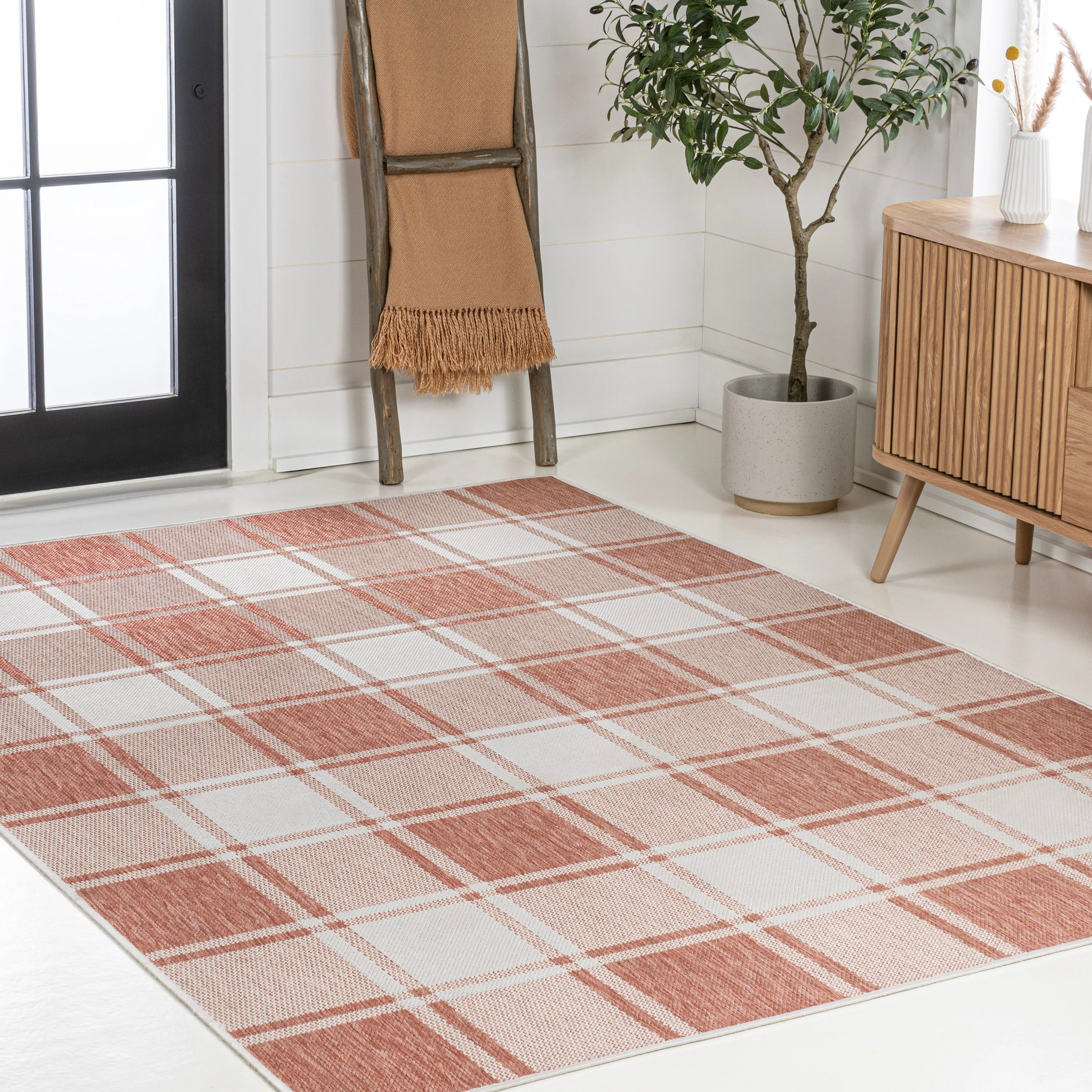Acrylic Traditional Farmhouse Bold Gingham Indoor/Outdoor Area Rug