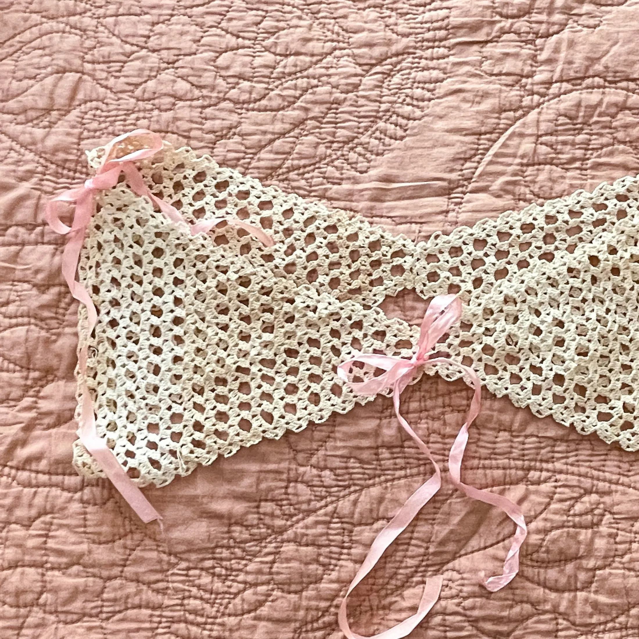 Antique Crochet Lace Neckline/Yoke/Topper, Vintage Lace, Antique Pink Ribbon XS