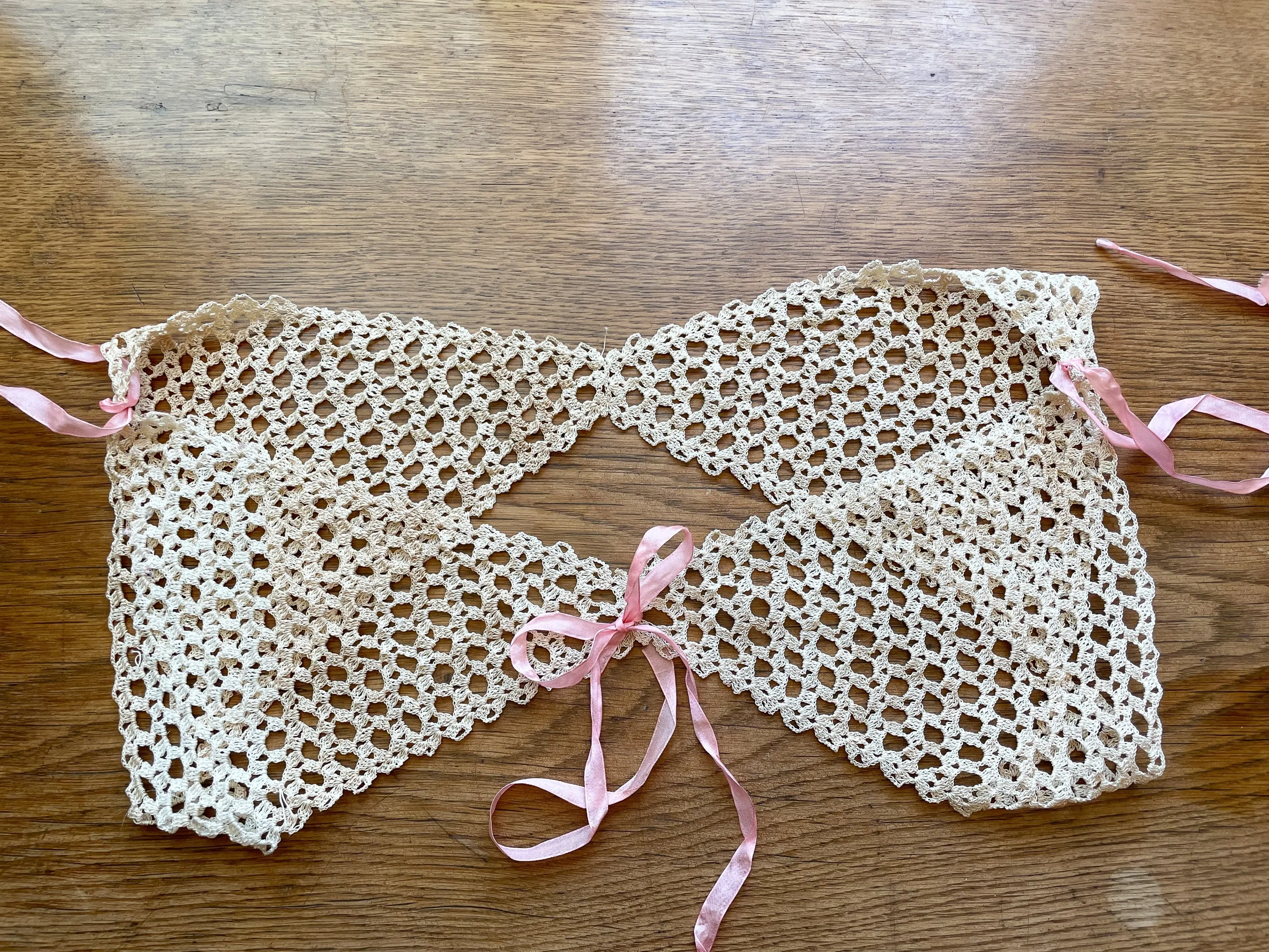 Antique Crochet Lace Neckline/Yoke/Topper, Vintage Lace, Antique Pink Ribbon XS
