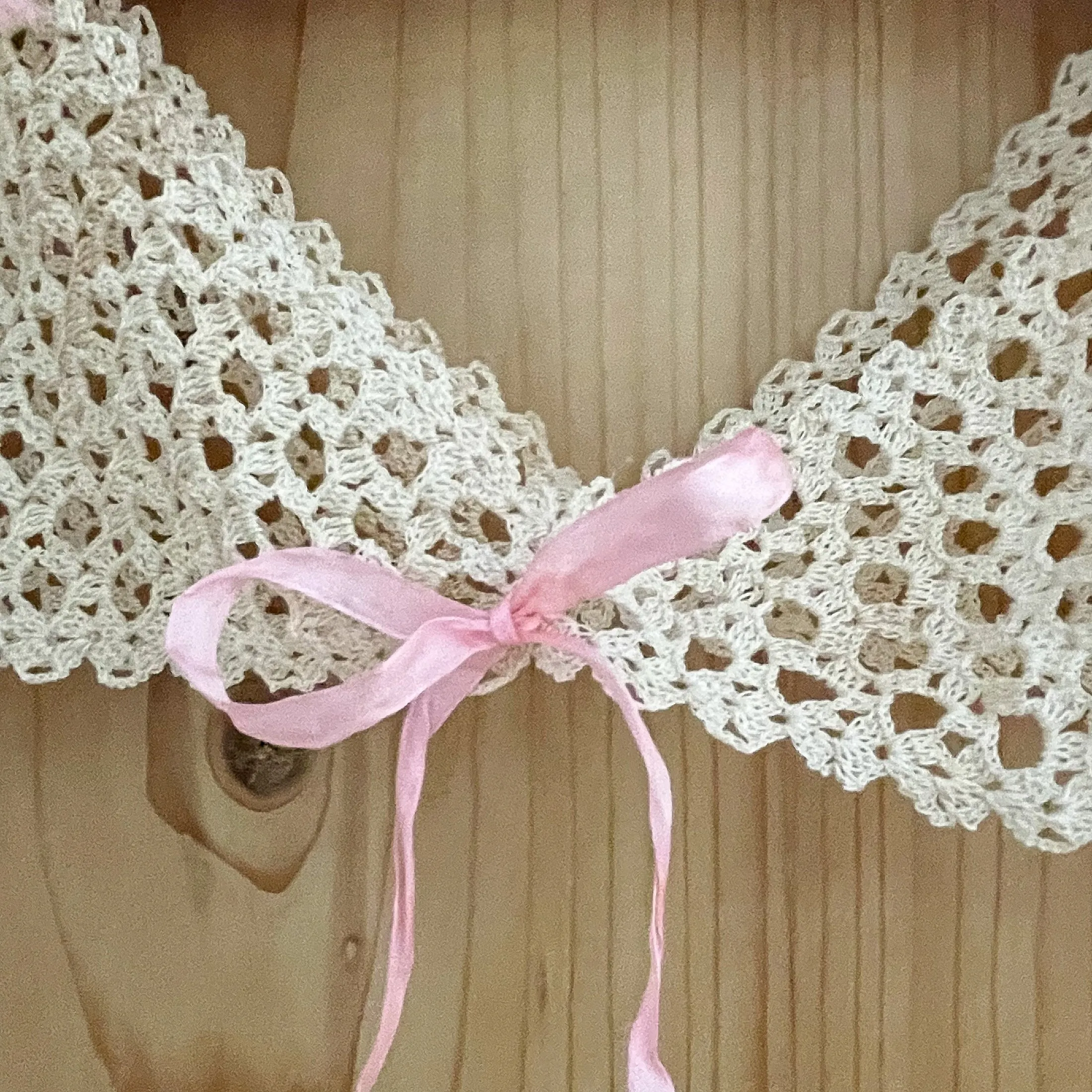Antique Crochet Lace Neckline/Yoke/Topper, Vintage Lace, Antique Pink Ribbon XS