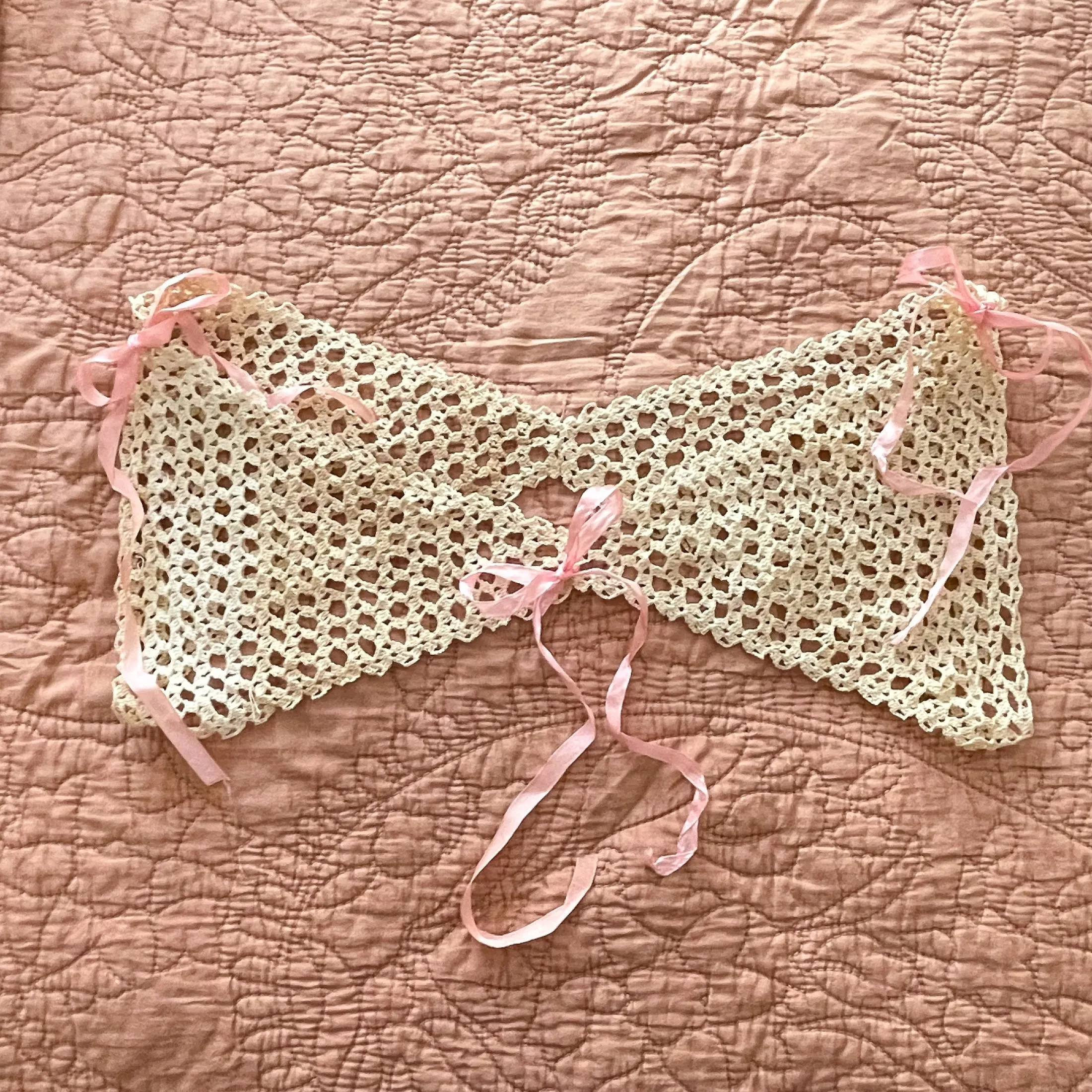 Antique Crochet Lace Neckline/Yoke/Topper, Vintage Lace, Antique Pink Ribbon XS