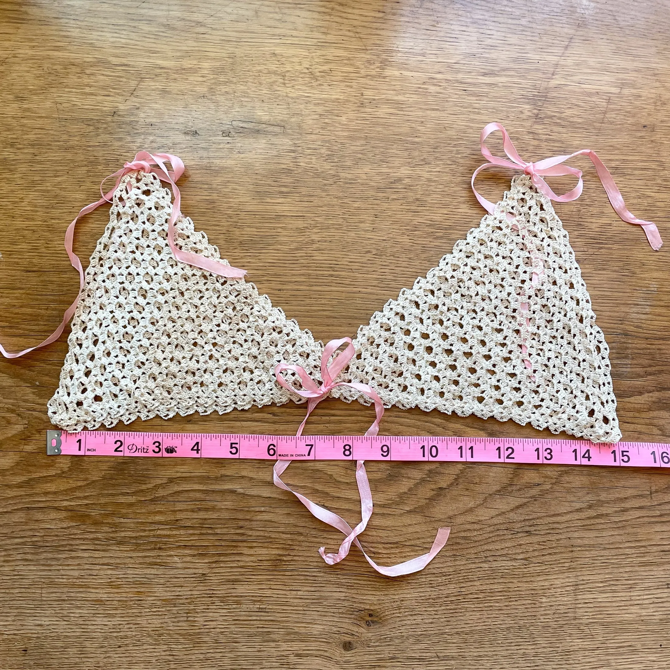 Antique Crochet Lace Neckline/Yoke/Topper, Vintage Lace, Antique Pink Ribbon XS