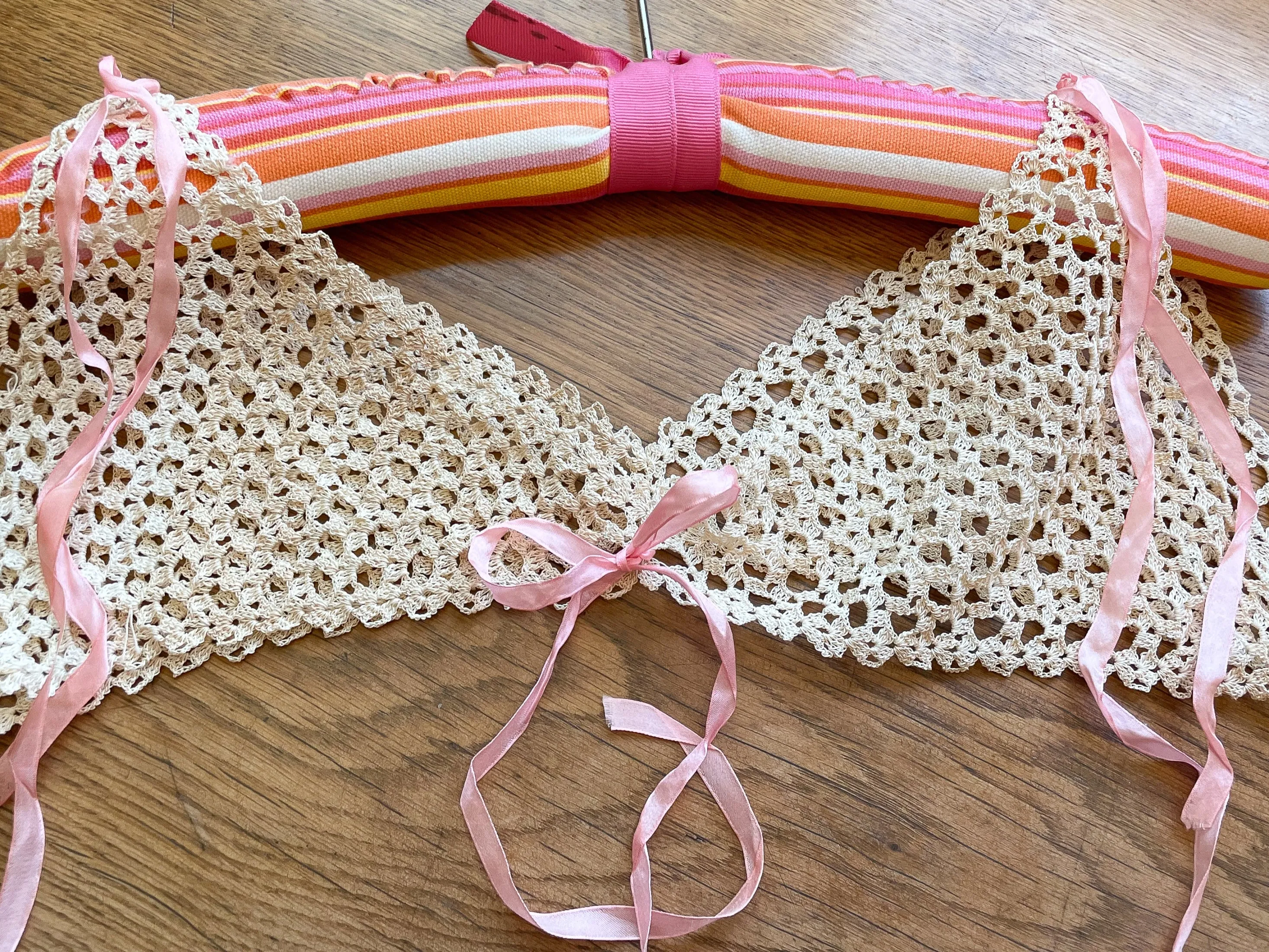 Antique Crochet Lace Neckline/Yoke/Topper, Vintage Lace, Antique Pink Ribbon XS