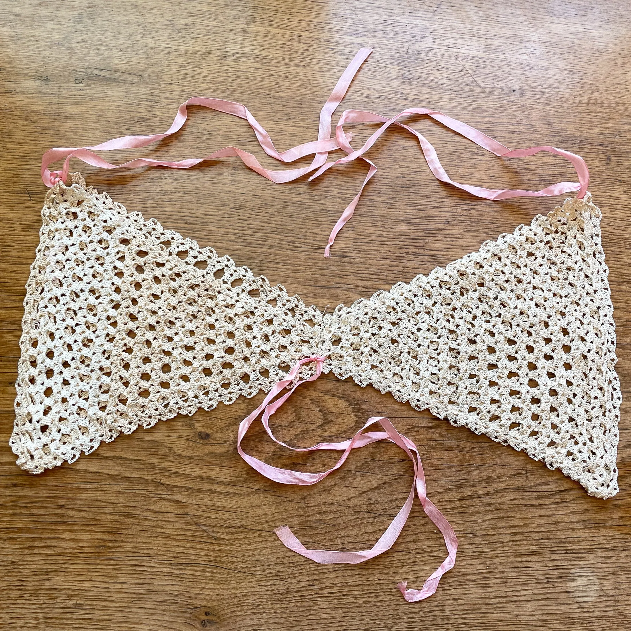 Antique Crochet Lace Neckline/Yoke/Topper, Vintage Lace, Antique Pink Ribbon XS