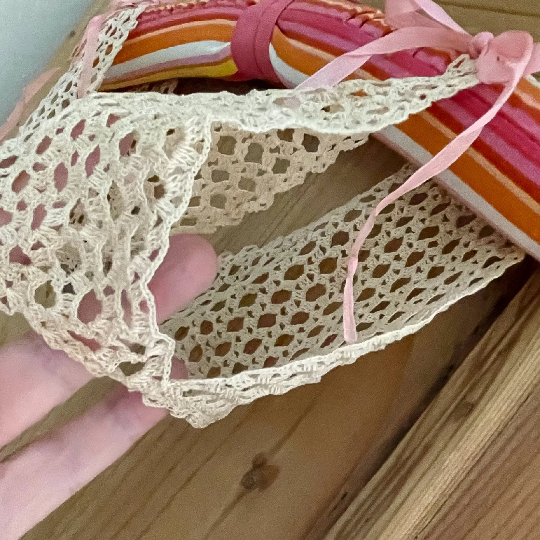 Antique Crochet Lace Neckline/Yoke/Topper, Vintage Lace, Antique Pink Ribbon XS