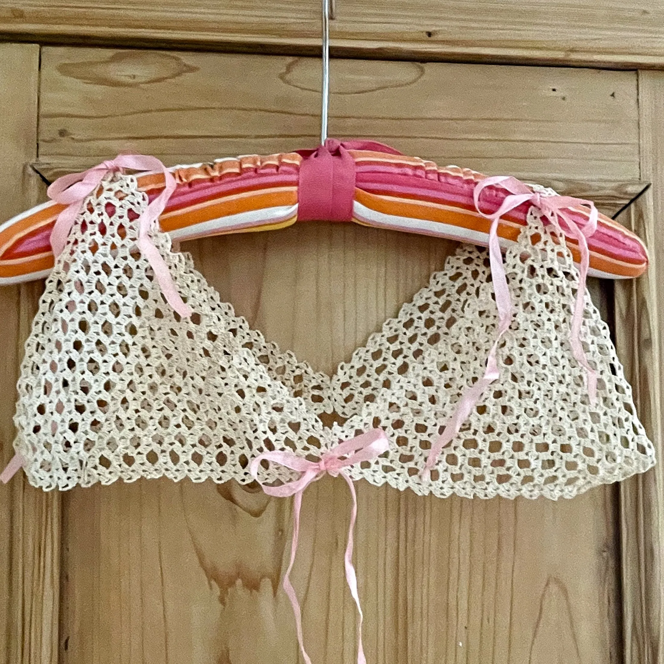 Antique Crochet Lace Neckline/Yoke/Topper, Vintage Lace, Antique Pink Ribbon XS