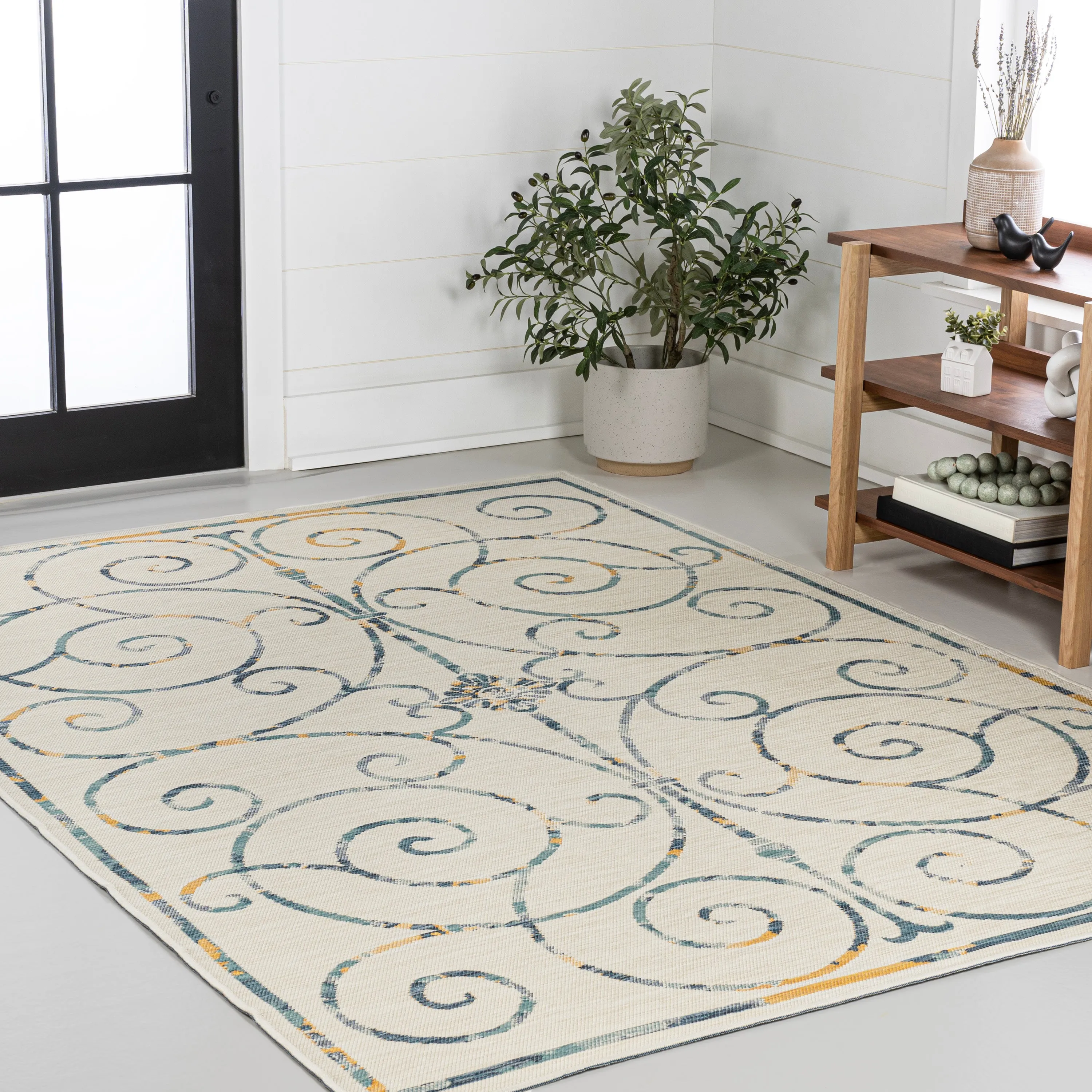 Ariadne Classic Cottage Filigree Scroll Reversible Machine-Washable Indoor/Outdoor Area Rug