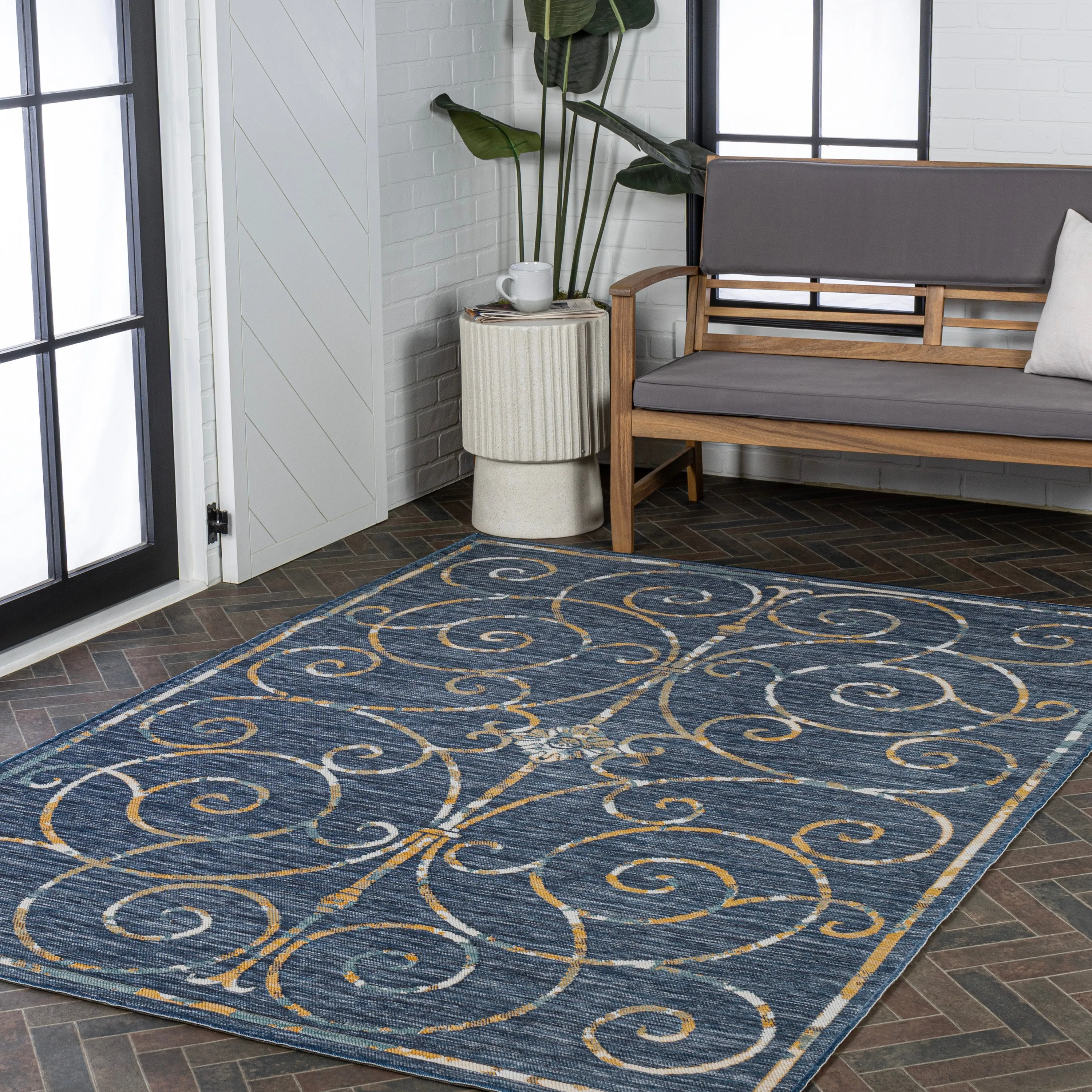 Ariadne Classic Cottage Filigree Scroll Reversible Machine-Washable Indoor/Outdoor Area Rug