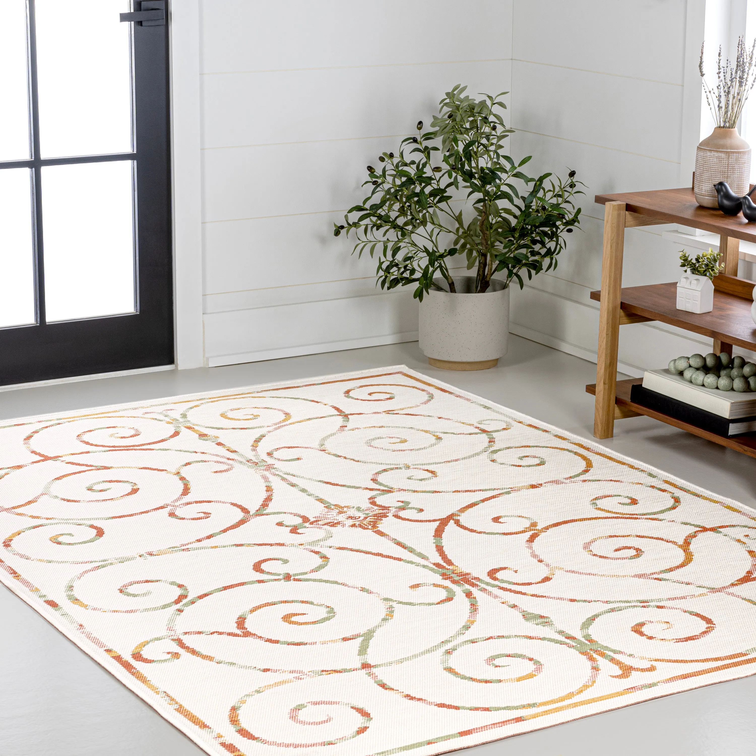 Ariadne Classic Cottage Filigree Scroll Reversible Machine-Washable Indoor/Outdoor Area Rug
