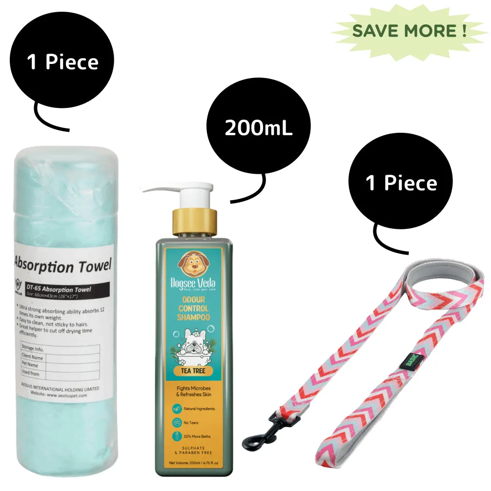 Basil Printed Leash , Aeolus Super Dry Absorption Towels and Dogsee Veda Odour Control Tea Tree Shampoo for Dogs Combo
