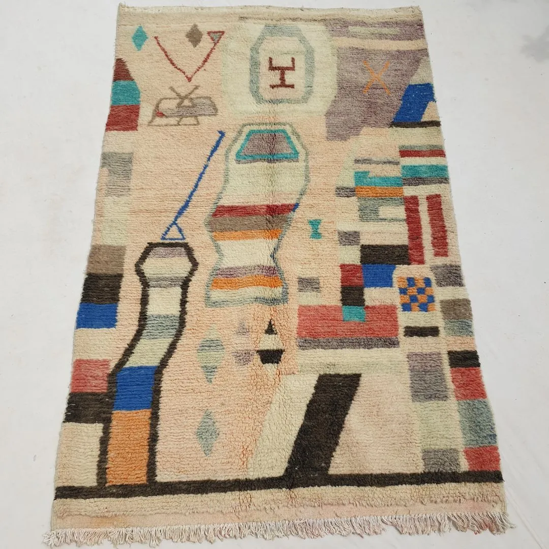 Bhatia - Beige Boujad Moroccan Rug | Authentic Berber Living room & Bedroom Rug | 4'89x8'10 Ft | 149x247 cm