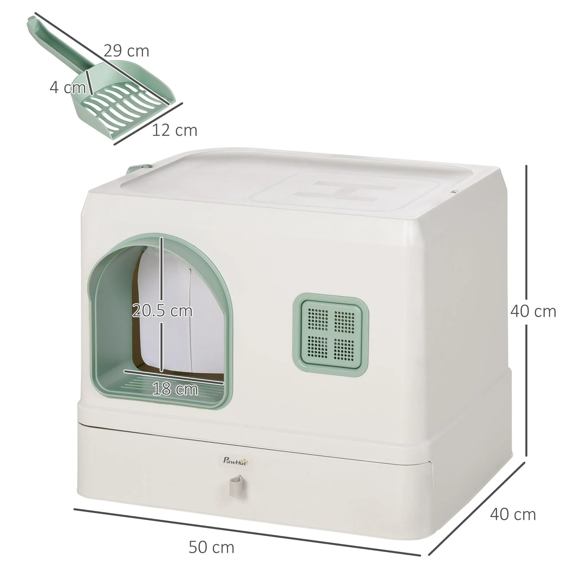 Cat Litter Box with Drawer Pan, Hooded Tray, Deodorants - White