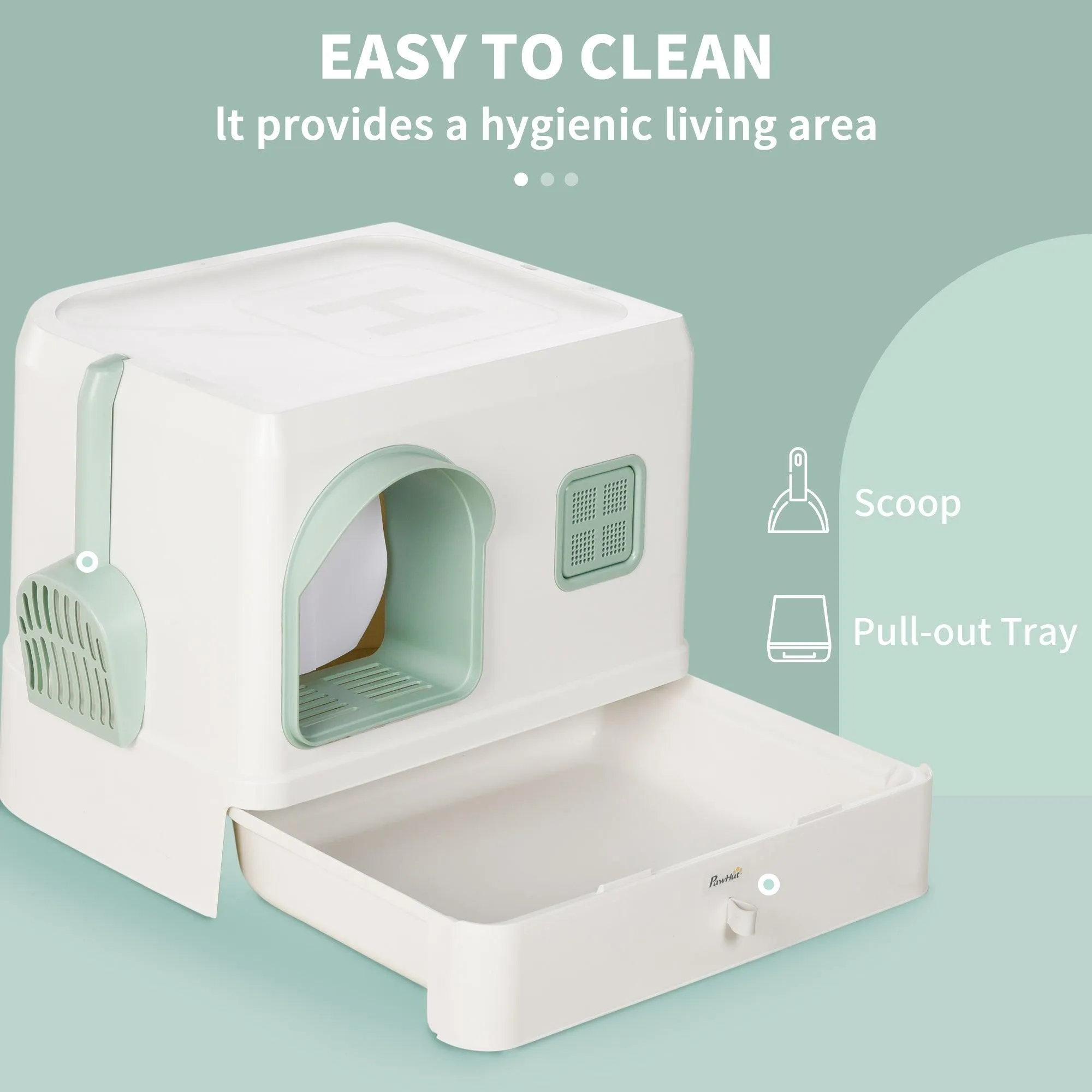 Cat Litter Box with Drawer Pan, Hooded Tray, Deodorants - White