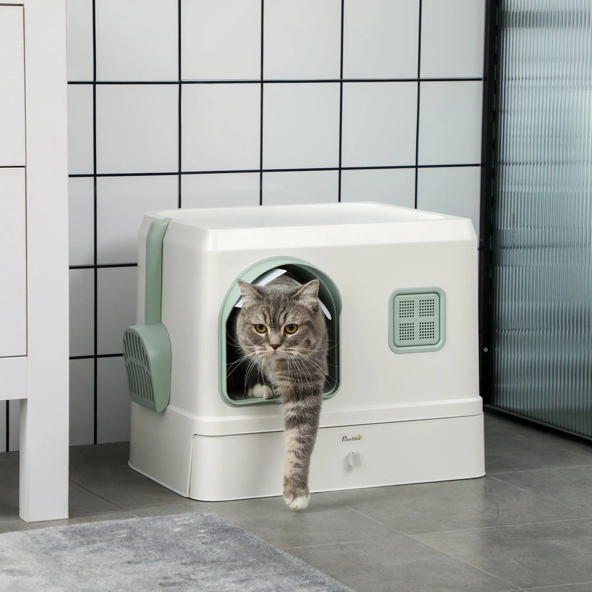 Cat Litter Box with Drawer Pan, Hooded Tray, Deodorants - White