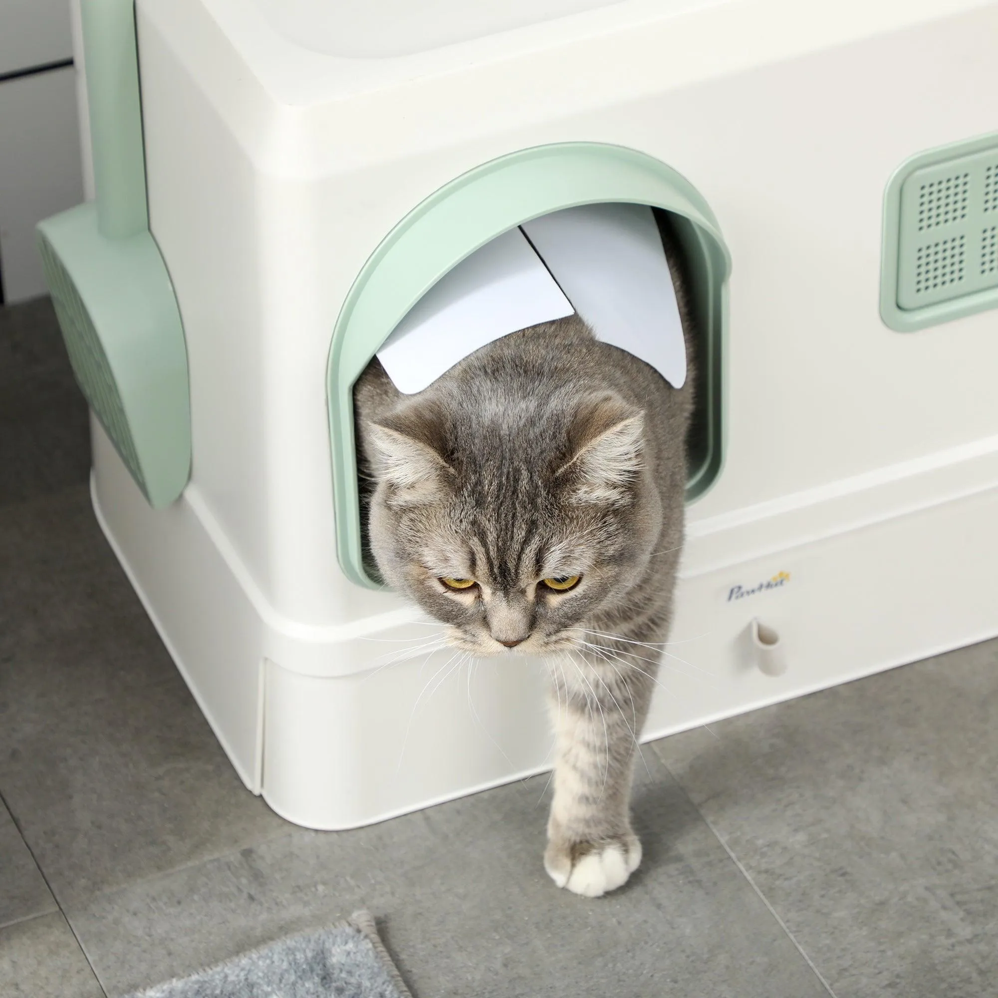 Cat Litter Box with Drawer Pan, Hooded Tray, Deodorants - White