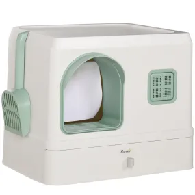 Cat Litter Box with Drawer Pan, Hooded Tray, Deodorants - White