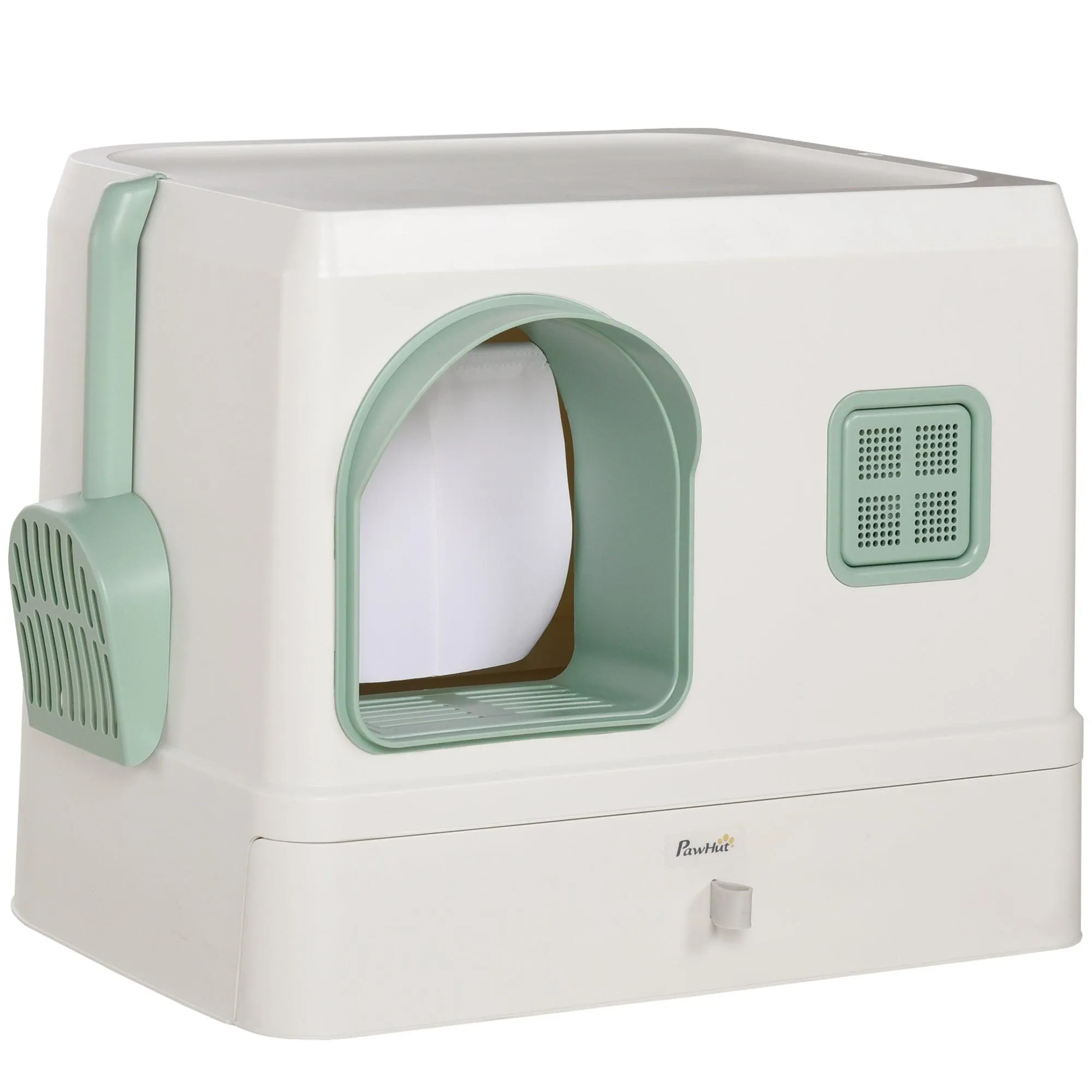 Cat Litter Box with Drawer Pan, Hooded Tray, Deodorants - White