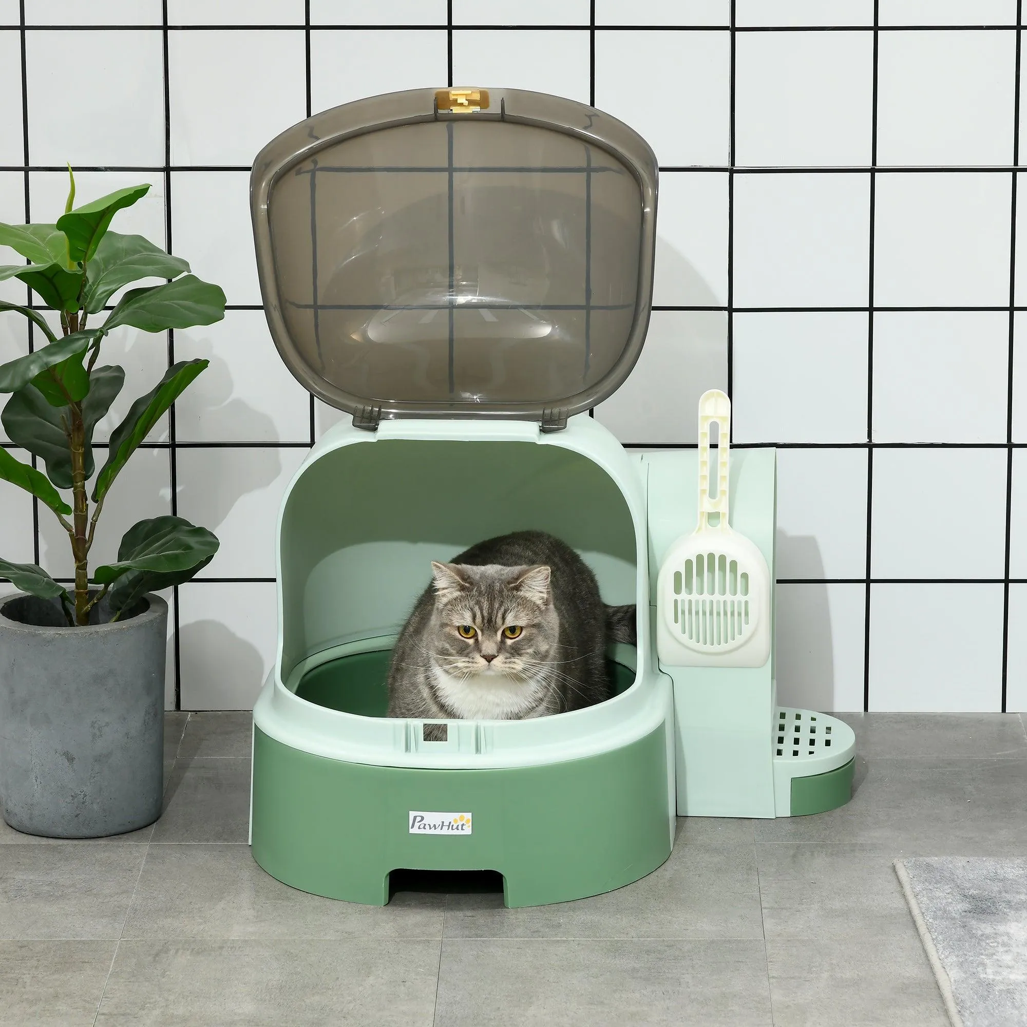 Cat Litter Box with Drawer Pans, Scoop - Green