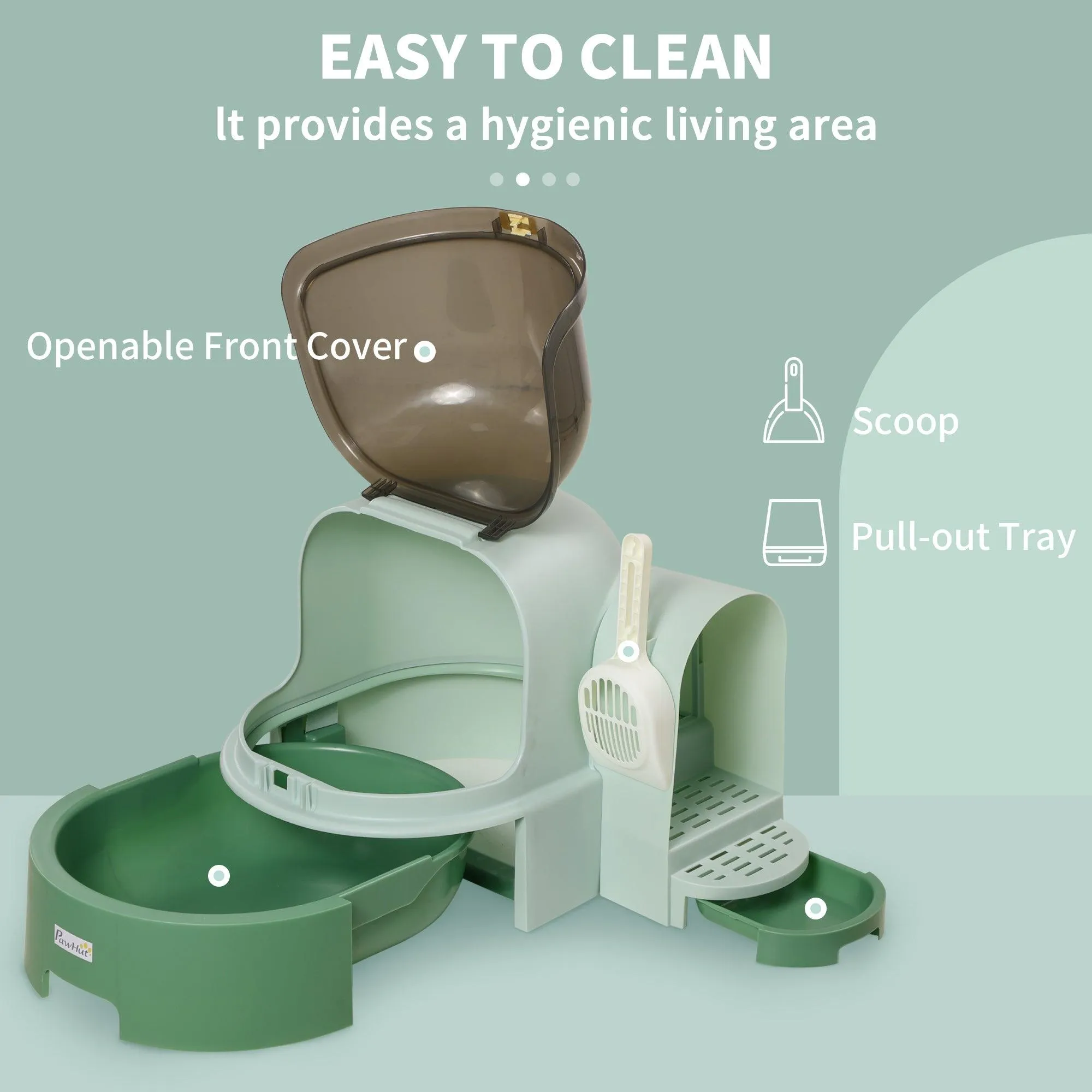Cat Litter Box with Drawer Pans, Scoop - Green