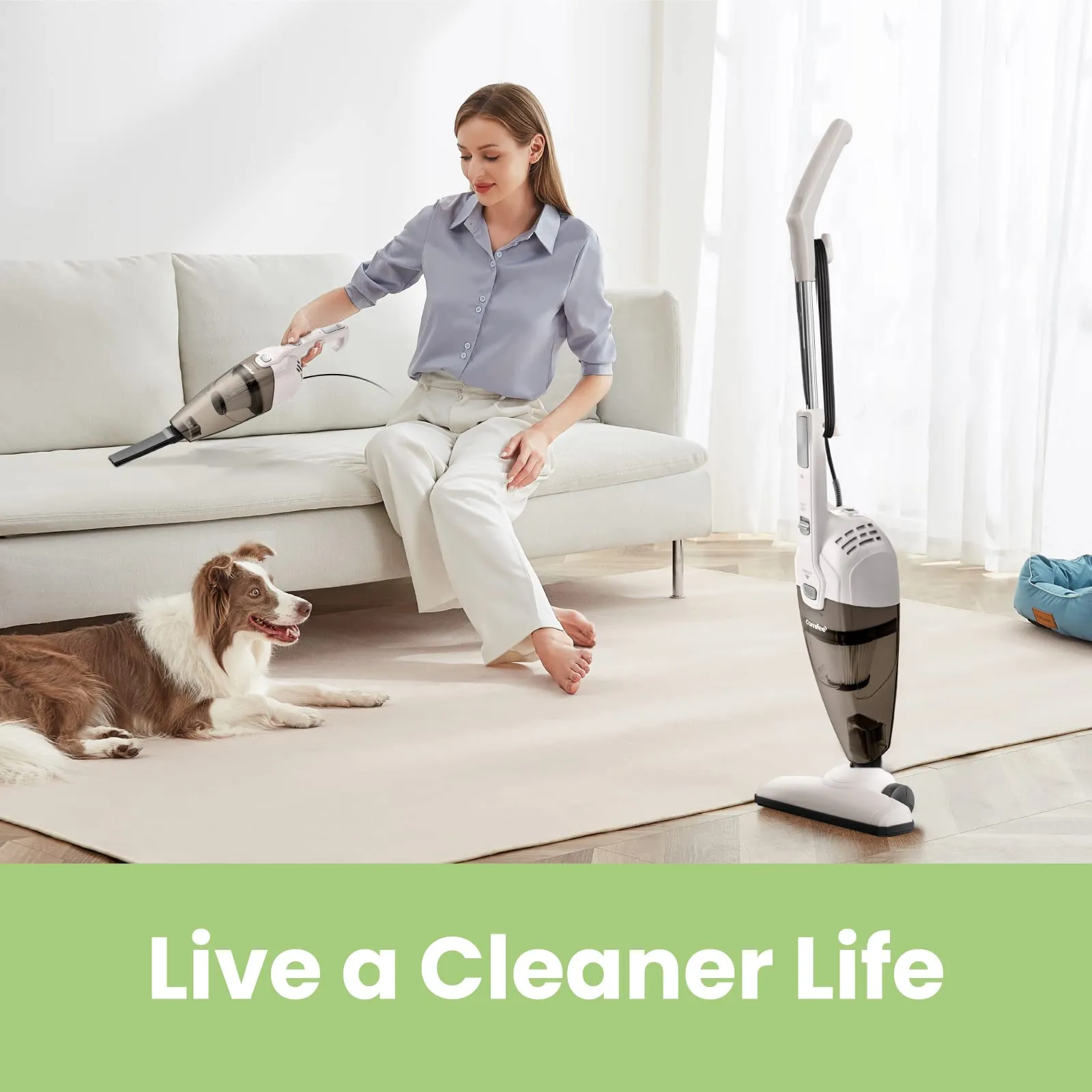 COMFEE ' Vacuum Cleaner 2 in 1 Handheld Stick Cleaner 5M Long Cord Lightweight Powerful 600W 16000Pa Suction 0.5L Large Capacity Excellent Central Filtration System for Car Home Kitchen Hair- White