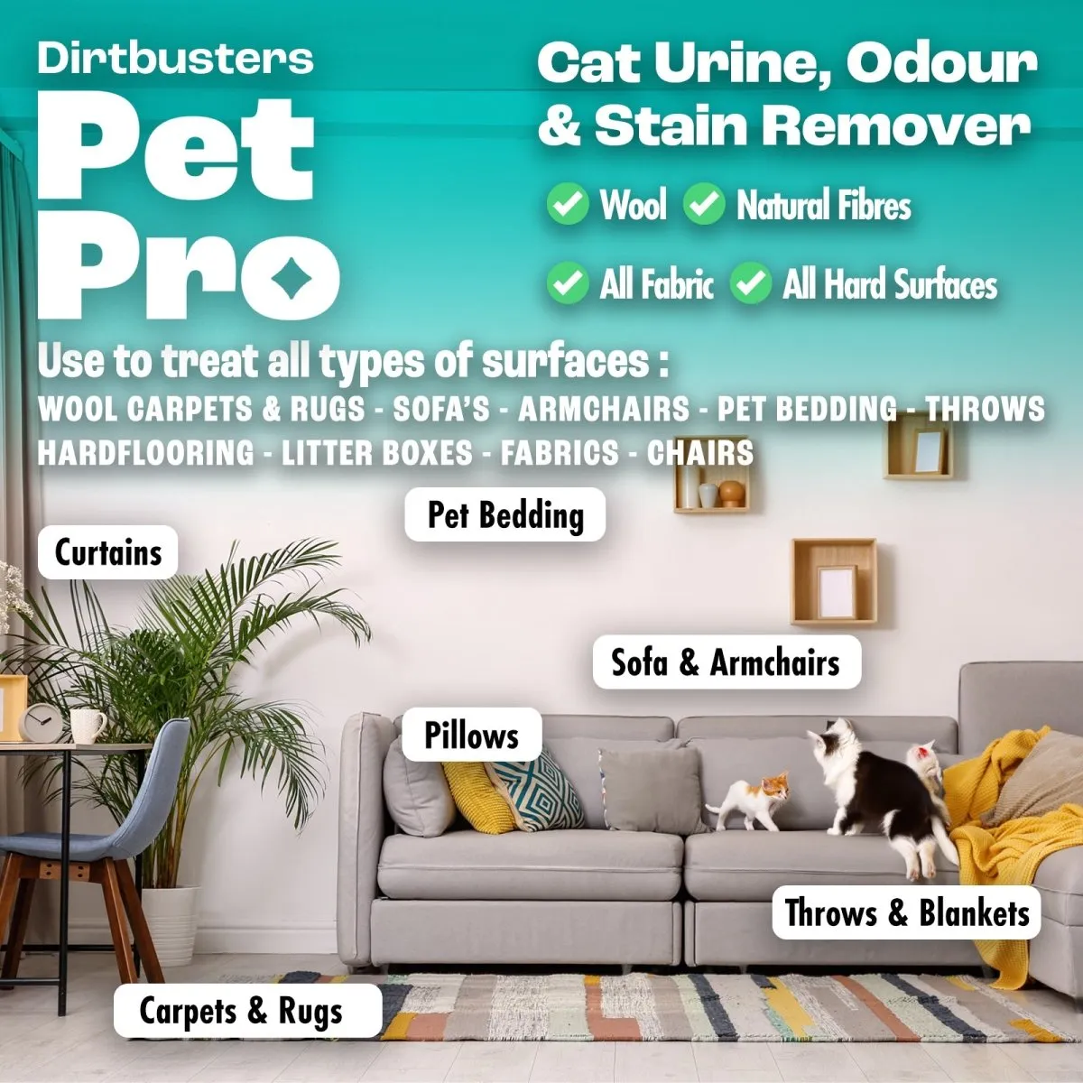 Dirtbusters Pet Pro Cat Stain & Pet Odour Eliminator Spray, Powerful Cat Urine Enzyme Cleaner Use to Clean Pet Stain and Odour Remover, for Carpet, Fabric & Upholstery, Summer Fruits (500ml)