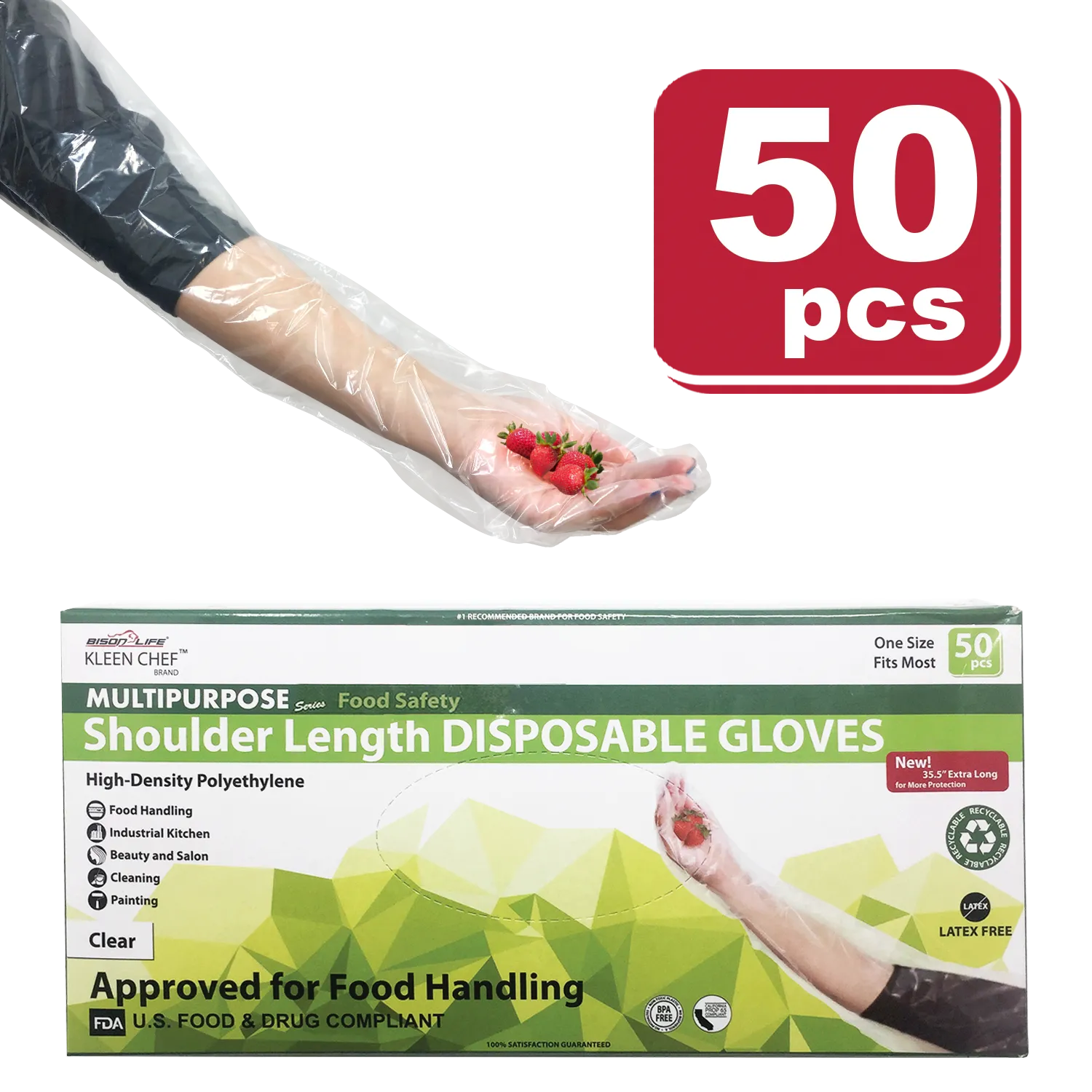 Disposable Food Handling Shoulder Length Poly Gloves, 35.5 inch, OSFM