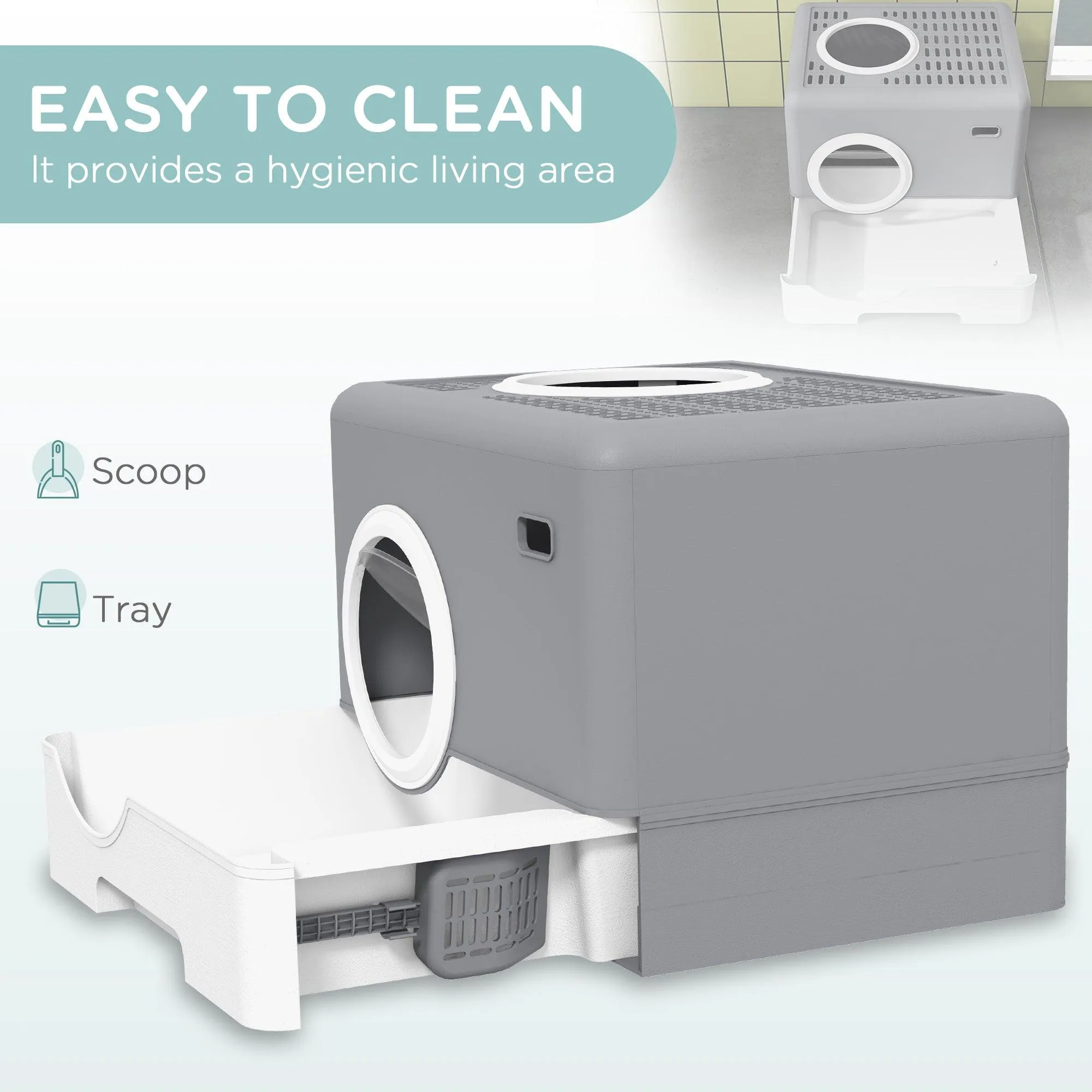 Enclosed Cat Litter Box with Front Entry & Scoop - Grey
