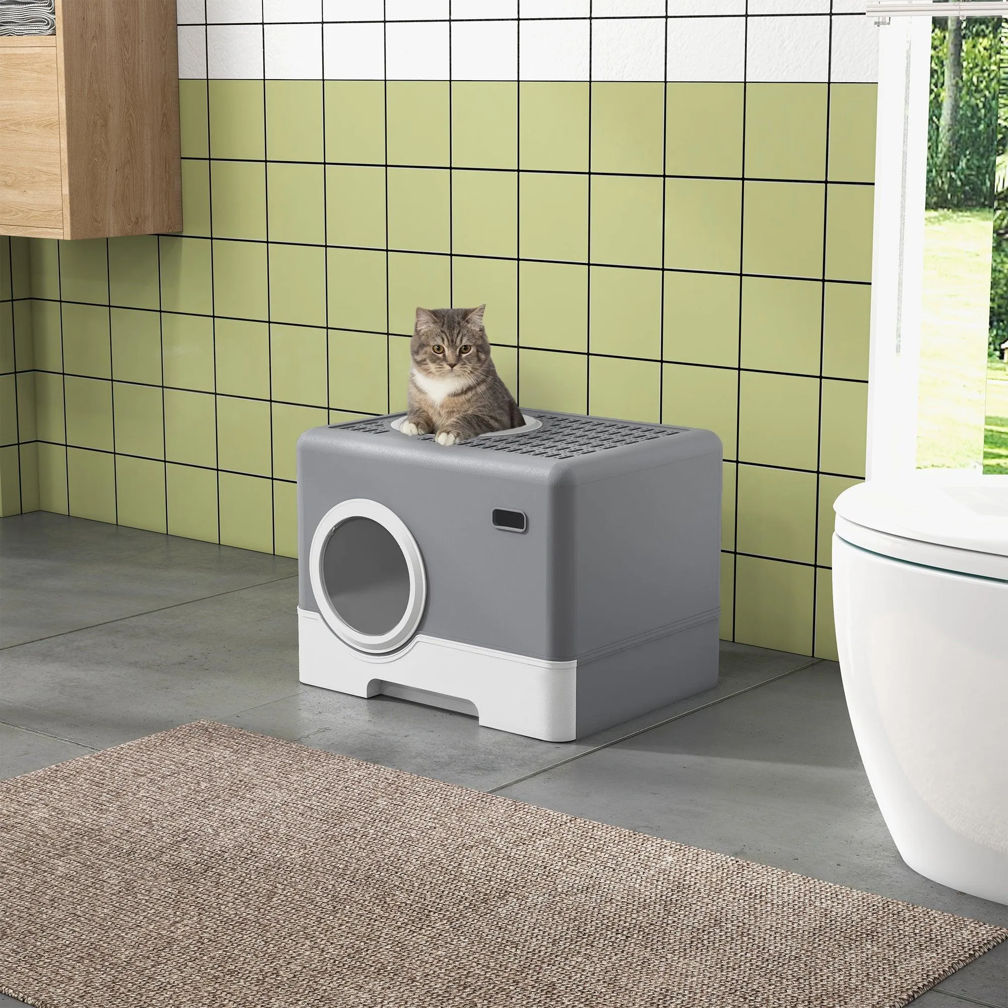 Enclosed Cat Litter Box with Front Entry & Scoop - Grey