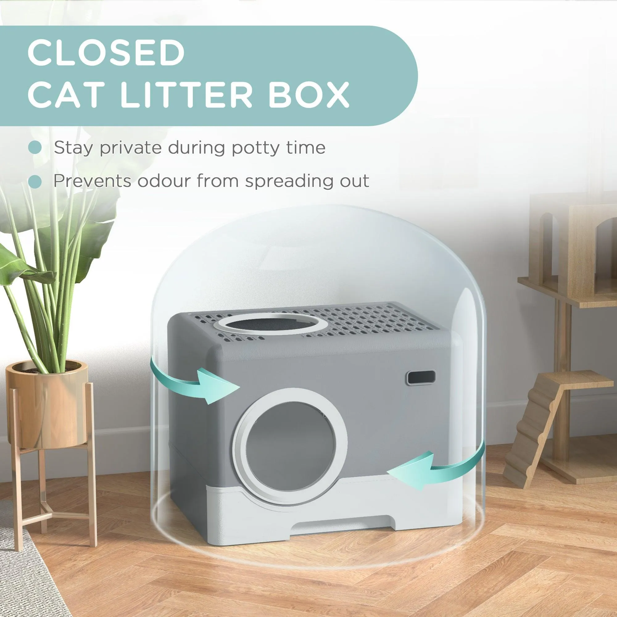 Enclosed Cat Litter Box with Front Entry & Scoop - Grey
