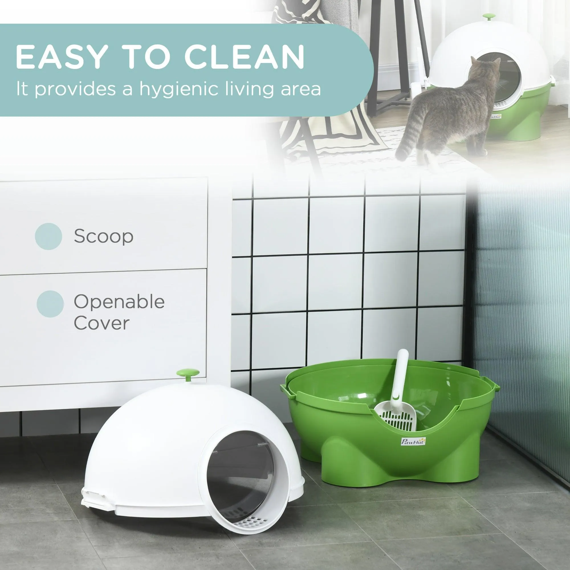 Enclosed Cat Litter Box with Lid, Scoop, Front Entrance - Green