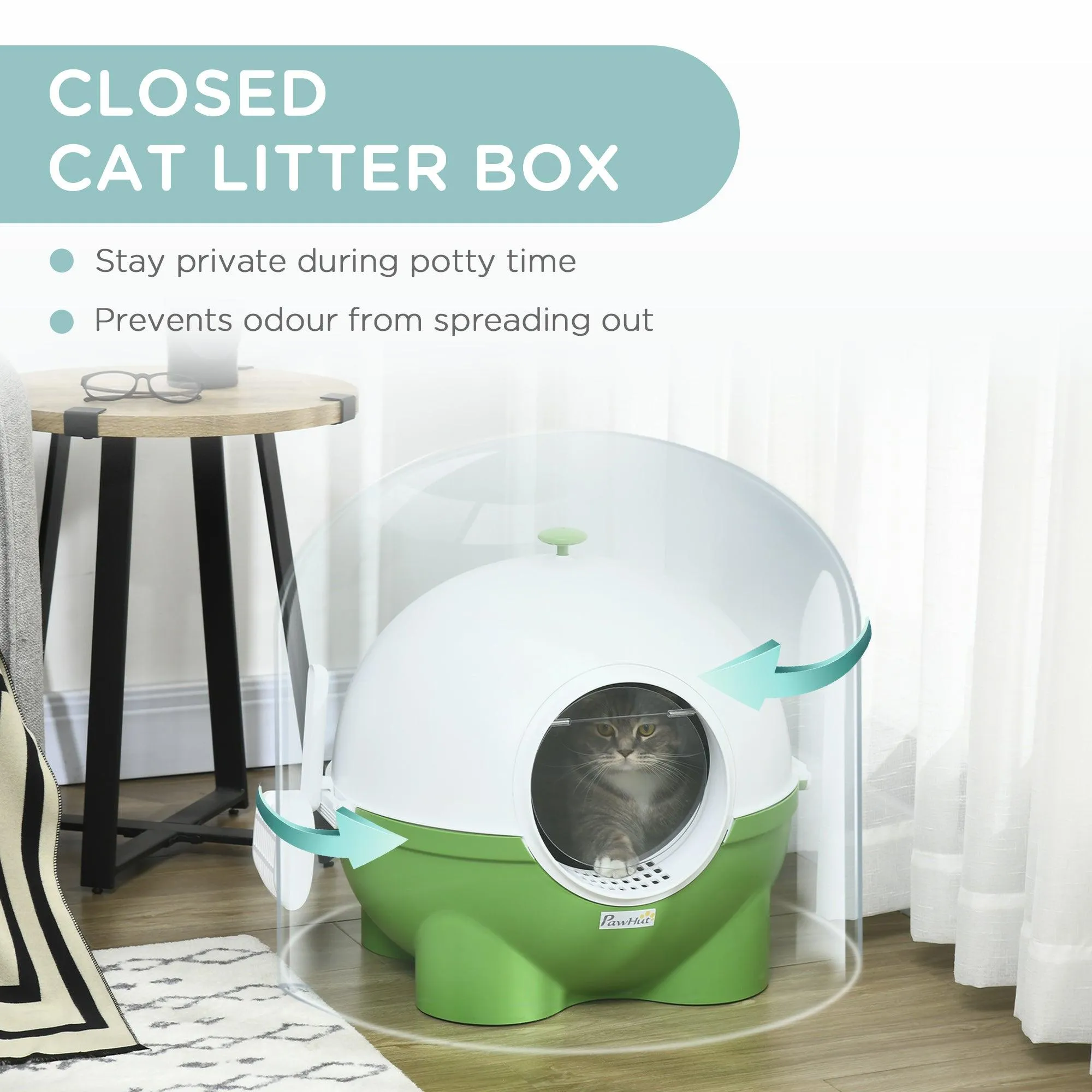 Enclosed Cat Litter Box with Lid, Scoop, Front Entrance - Green