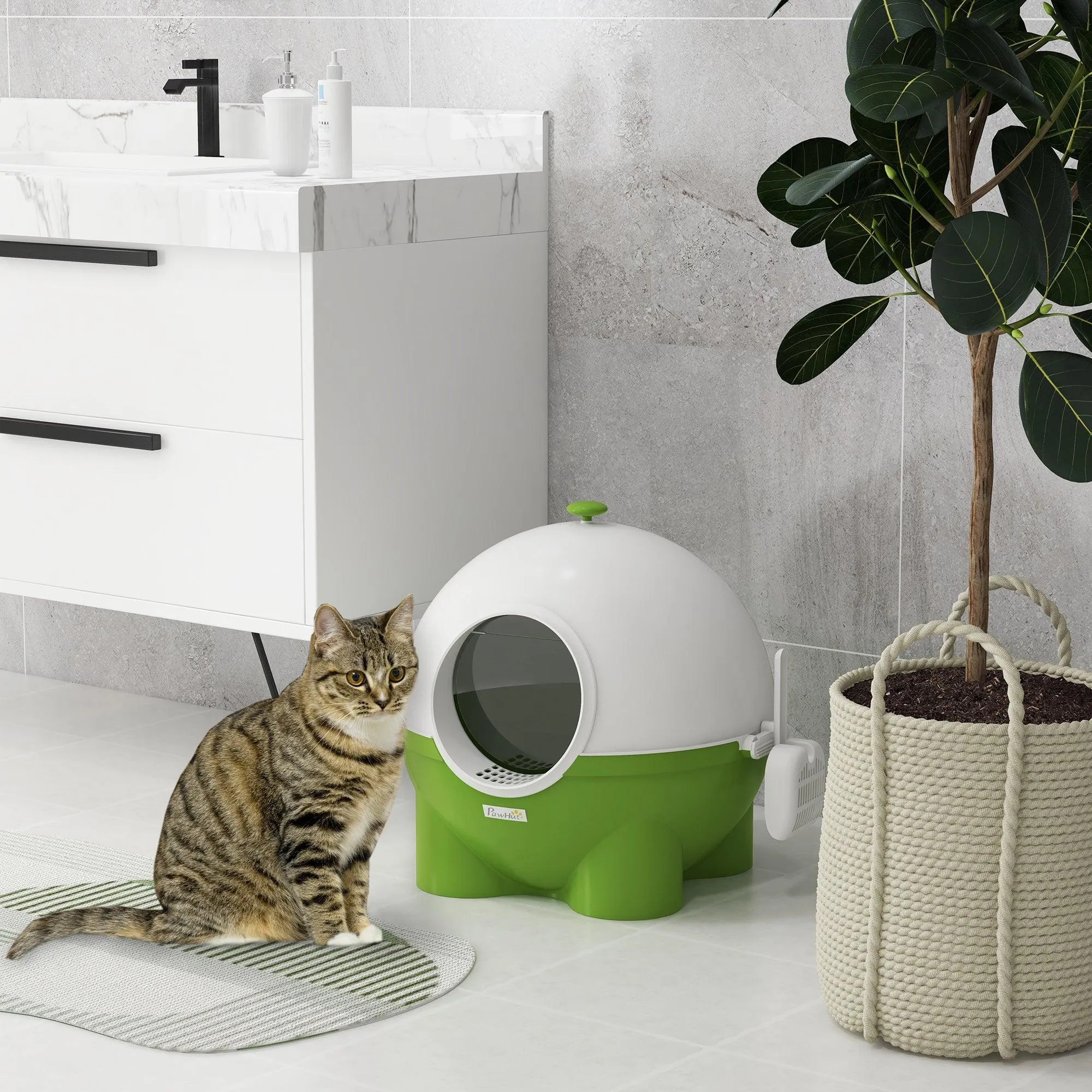 Enclosed Cat Litter Box with Lid, Scoop, Front Entrance - Green