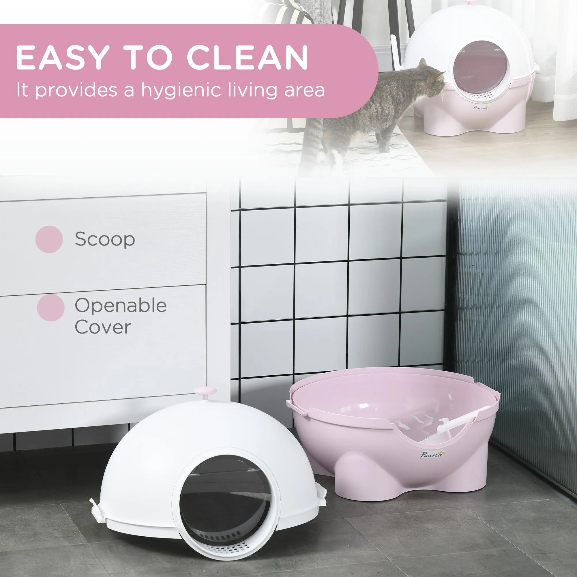 Enclosed Cat Litter Box with Lid, Scoop, Front Entrance - Pink