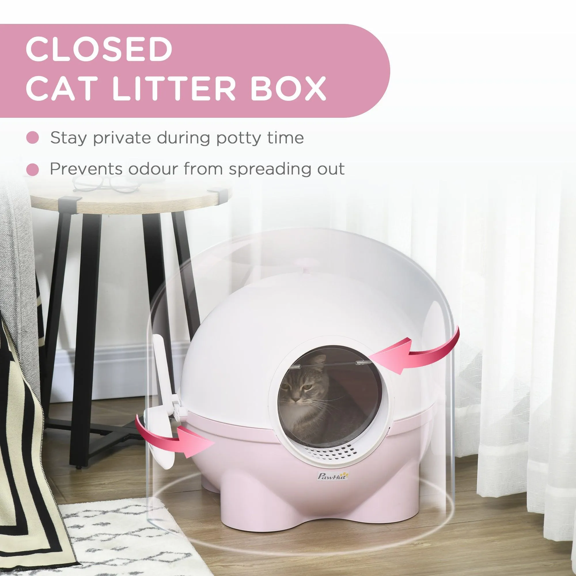 Enclosed Cat Litter Box with Lid, Scoop, Front Entrance - Pink