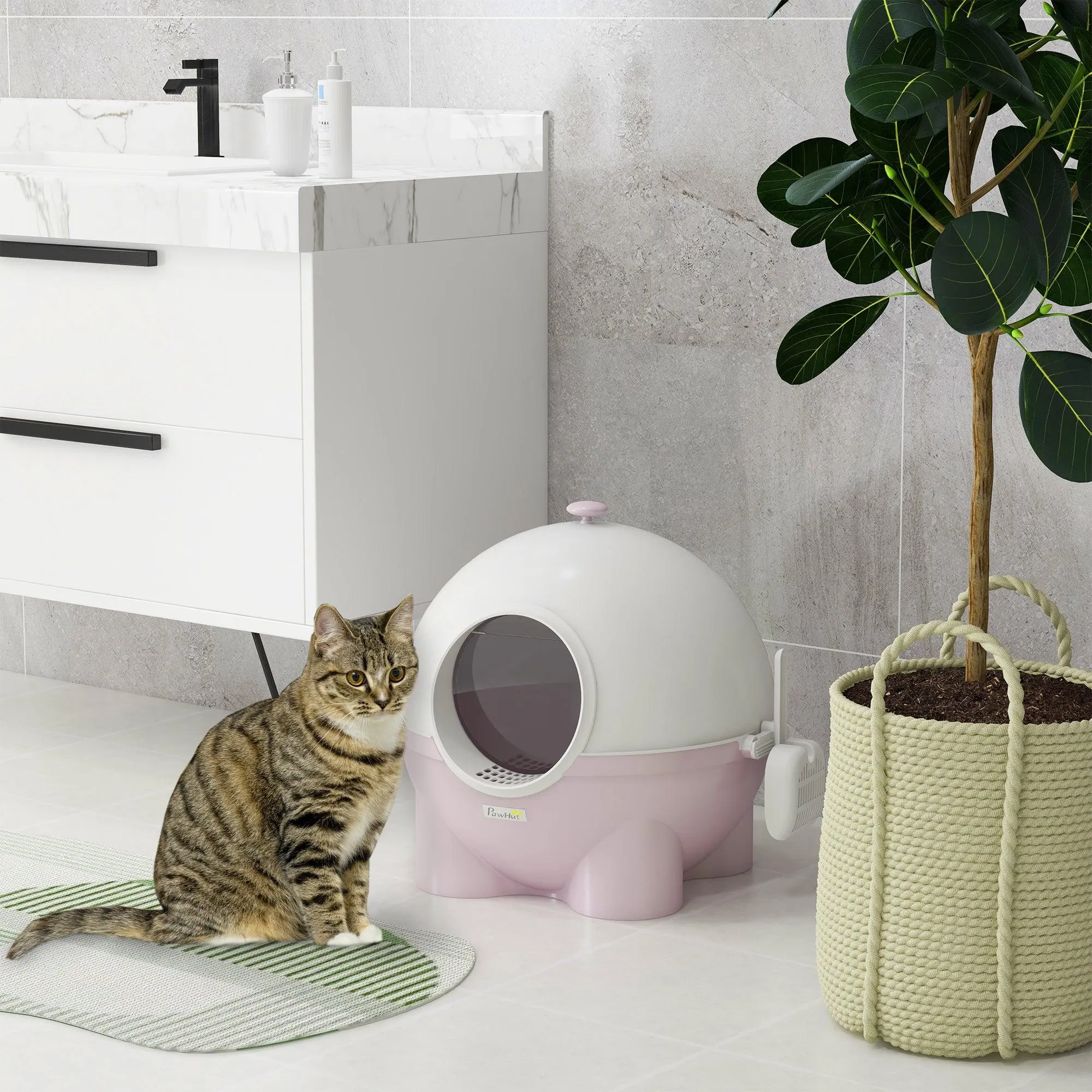 Enclosed Cat Litter Box with Lid, Scoop, Front Entrance - Pink