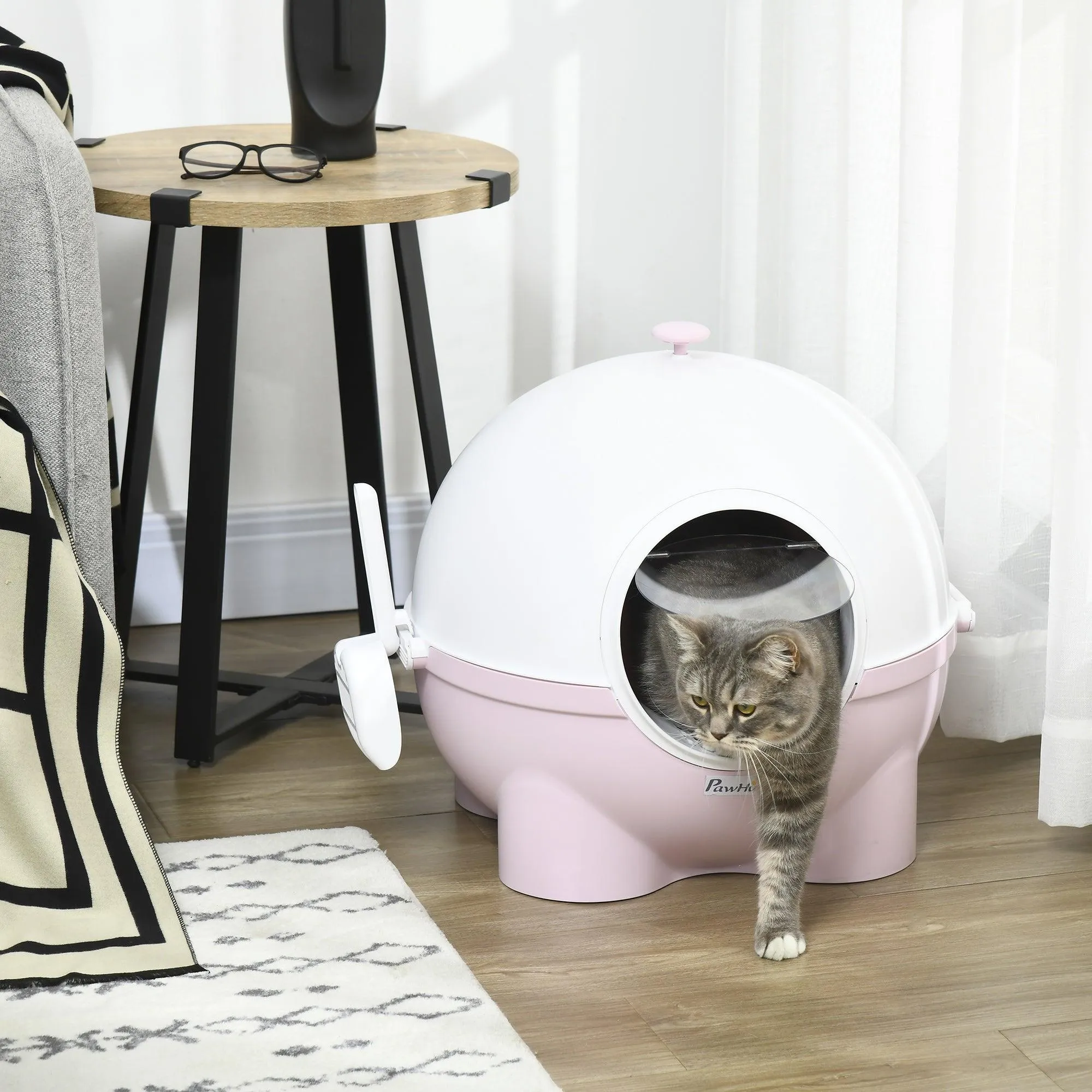Enclosed Cat Litter Box with Lid, Scoop, Front Entrance - Pink