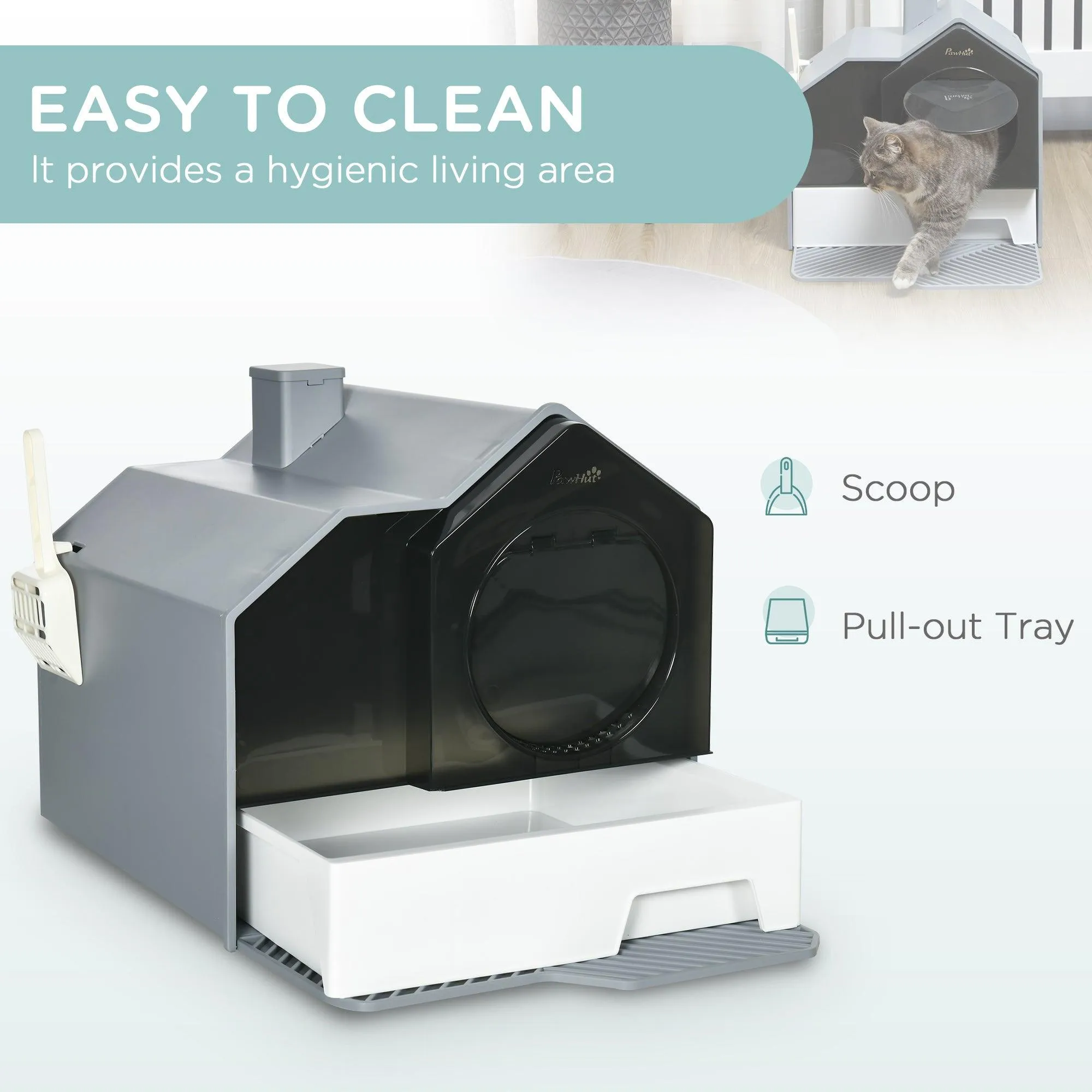 Grey Hooded Cat Litter Tray with Scoop