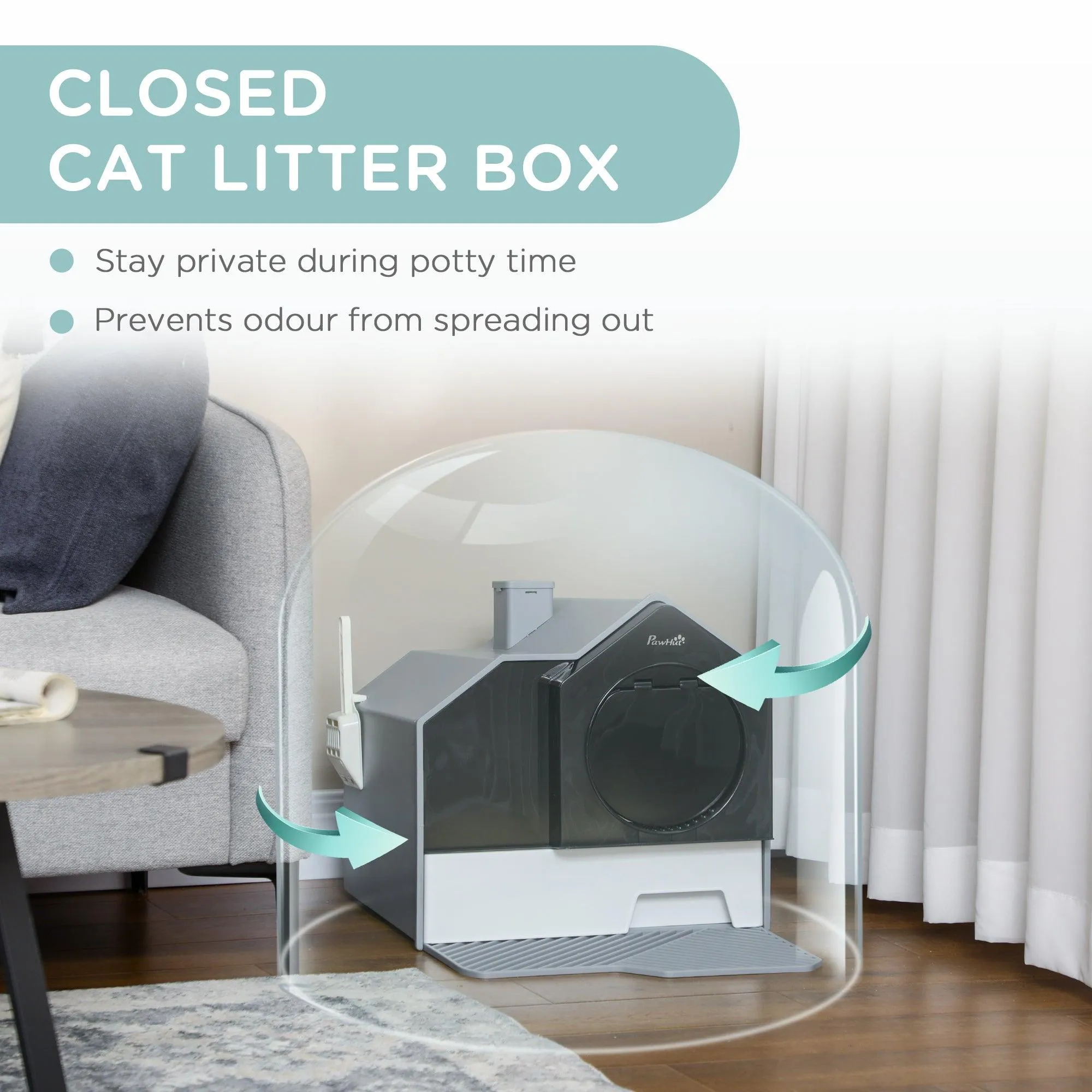 Grey Hooded Cat Litter Tray with Scoop