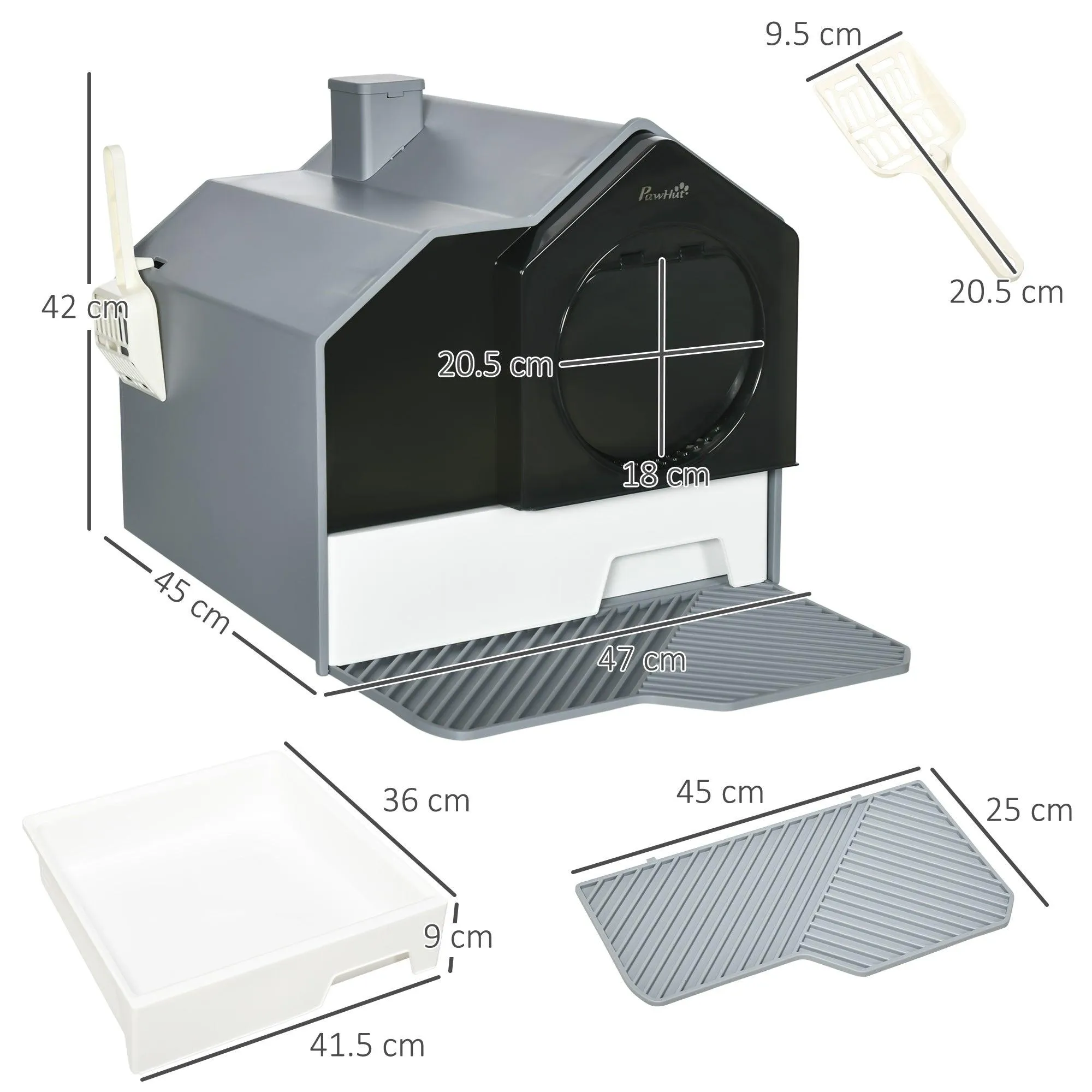Grey Hooded Cat Litter Tray with Scoop