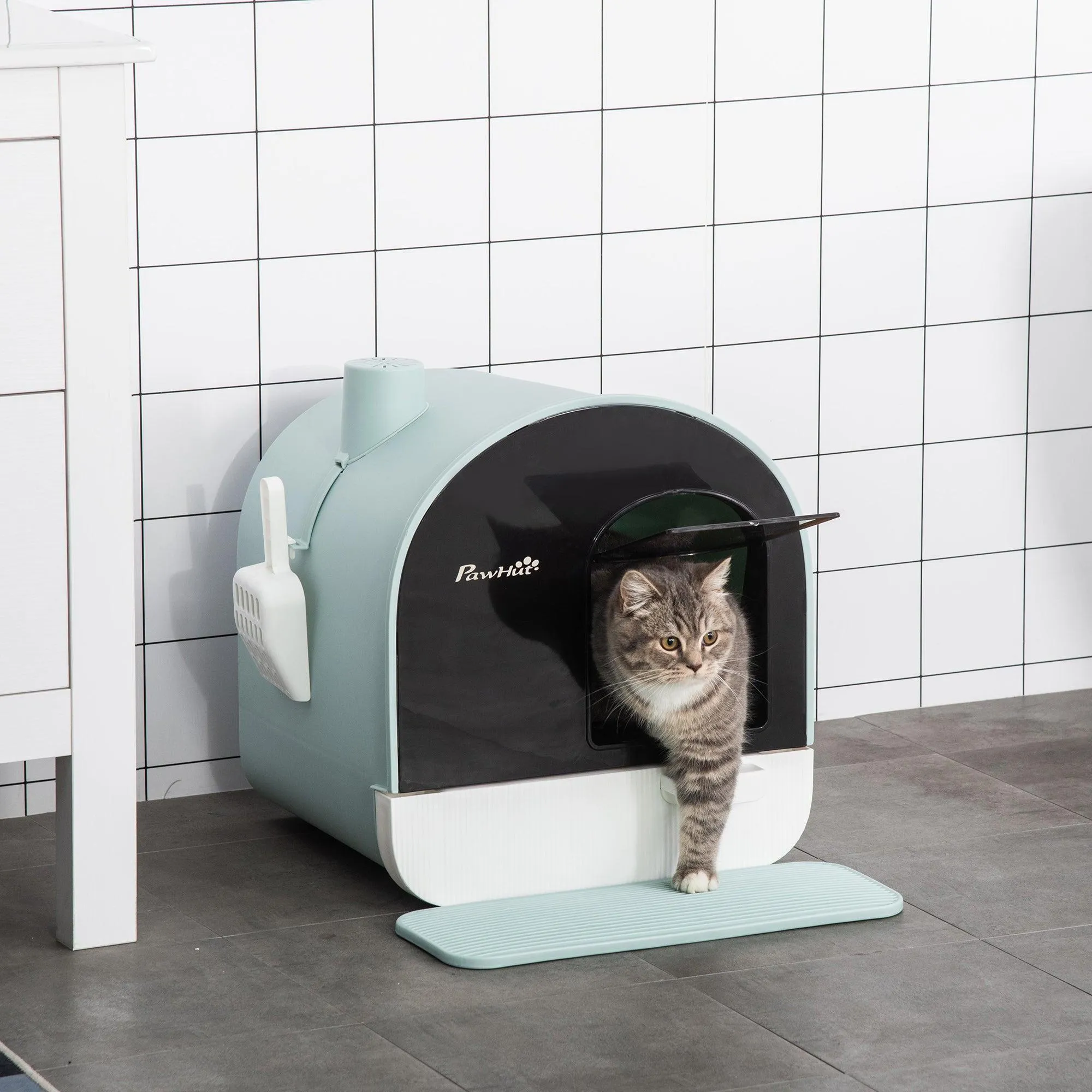 Hooded Cat Litter Box with Lid, Scoop, Flap Door - Green