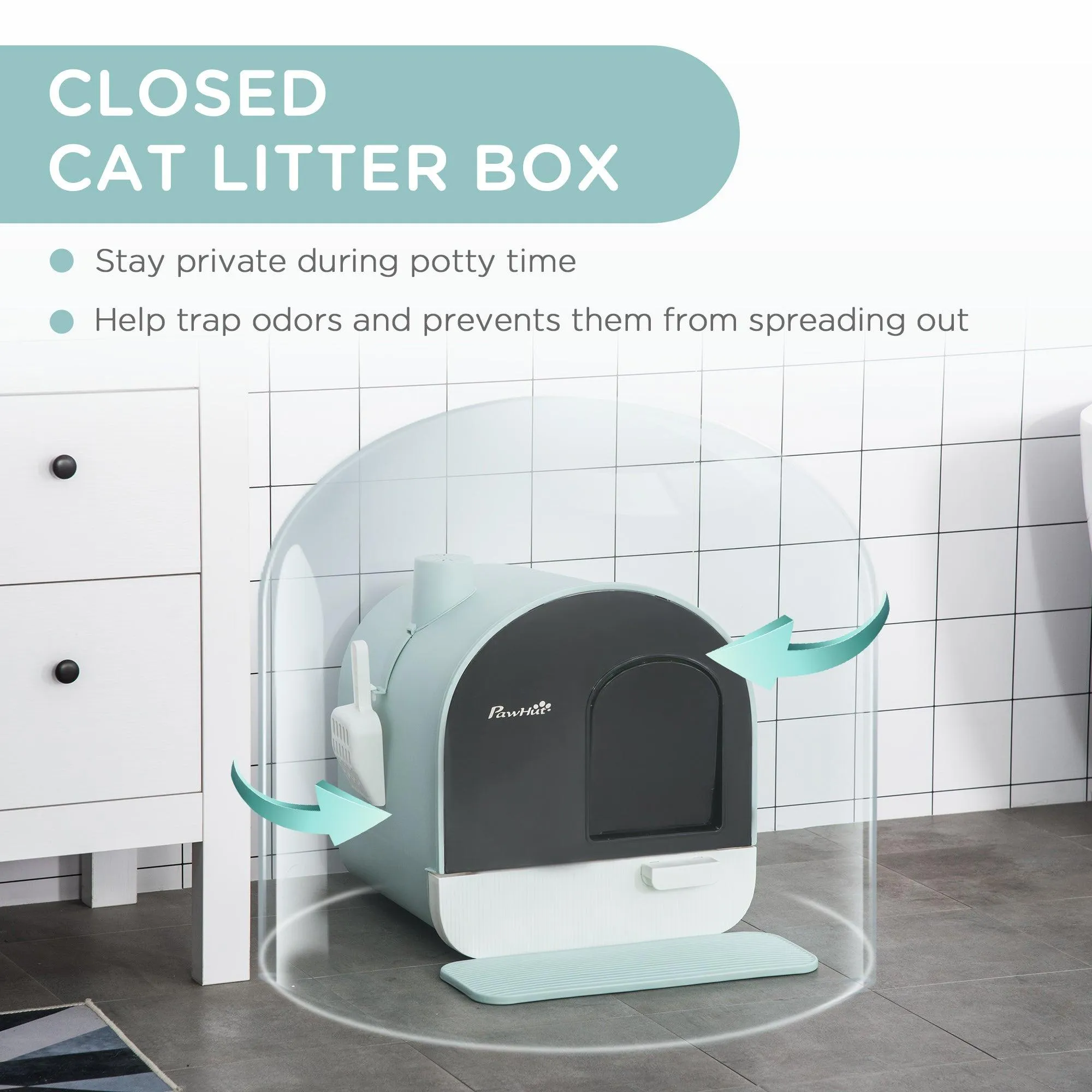 Hooded Cat Litter Box with Lid, Scoop, Flap Door - Green