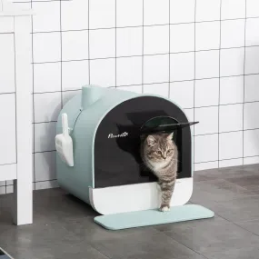 Hooded Cat Litter Box with Lid, Scoop, Flap Door - Green