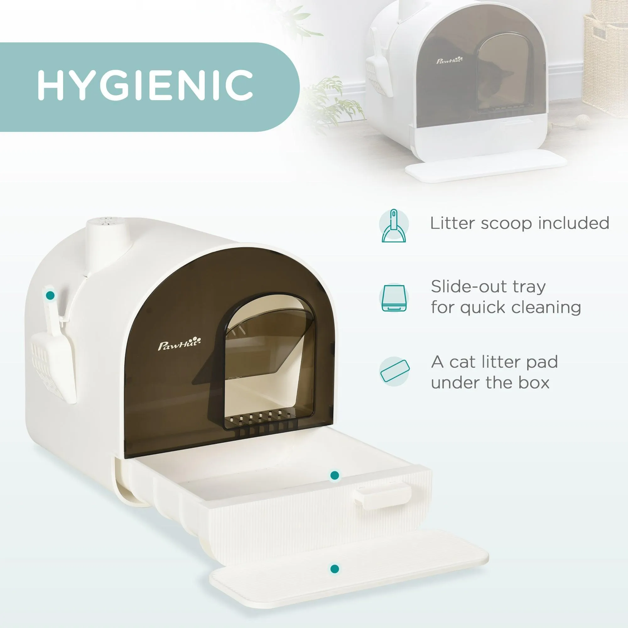 Hooded Cat Litter Box with Lid, Scoop, Flap Door - White