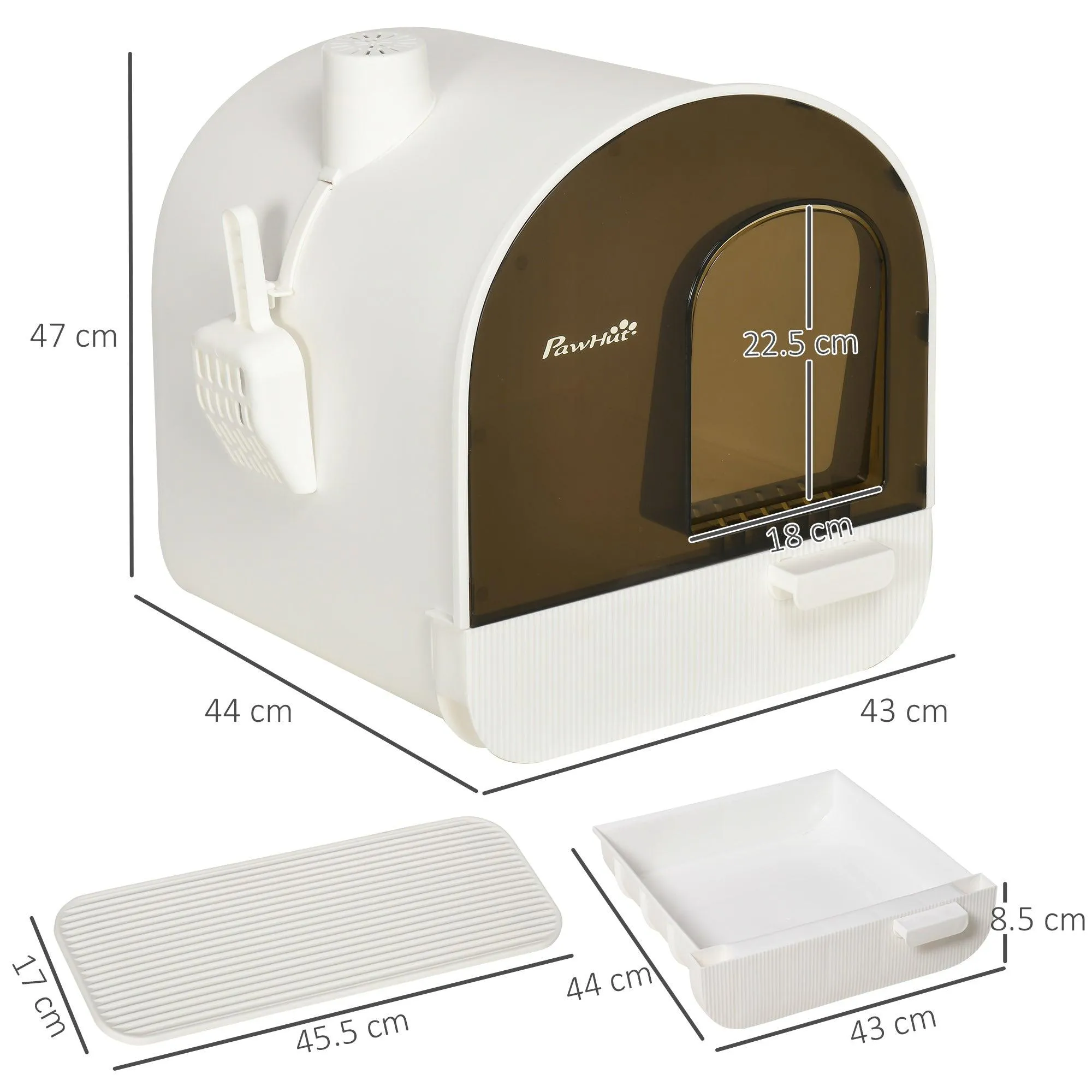 Hooded Cat Litter Box with Lid, Scoop, Flap Door - White