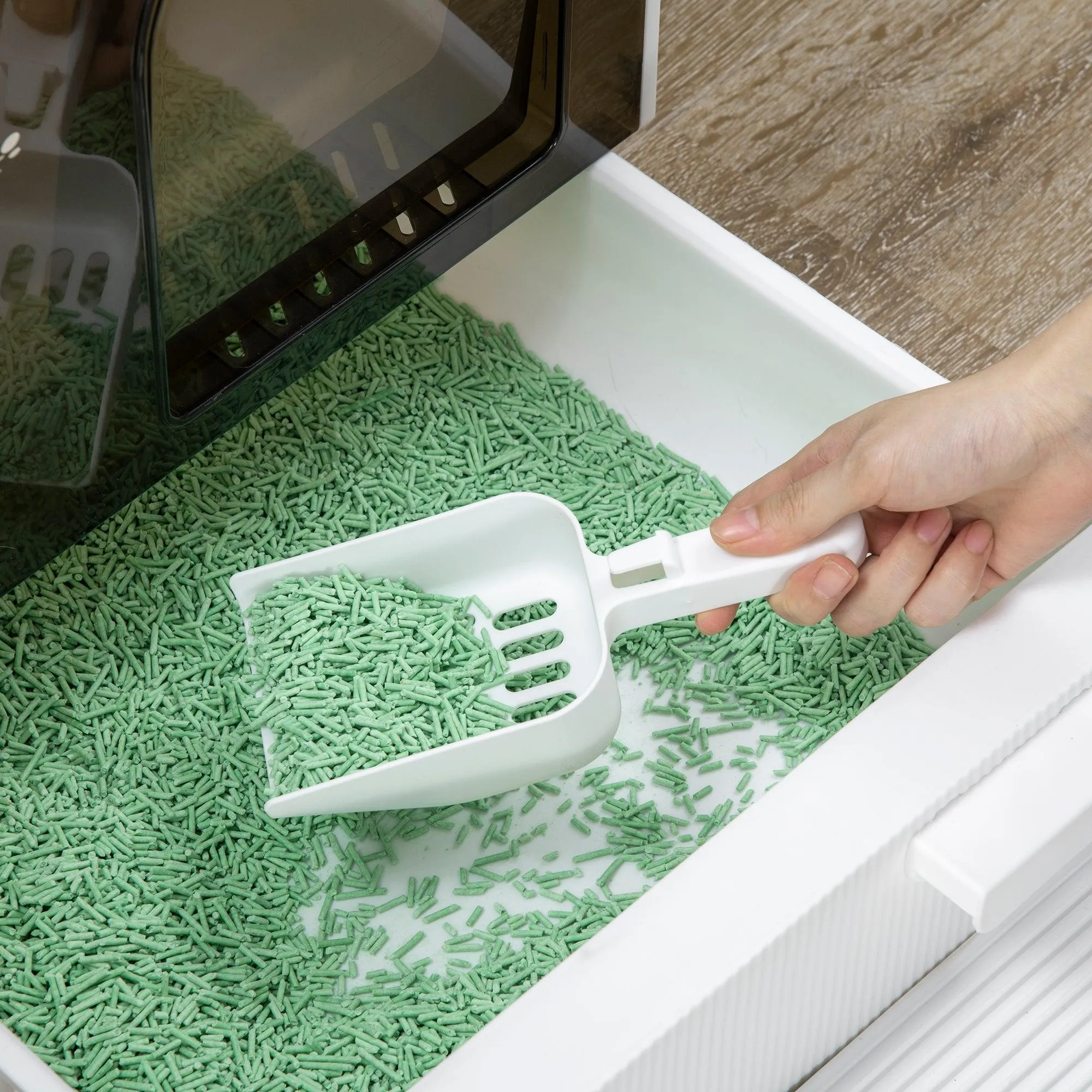Hooded Cat Litter Box with Lid, Scoop, Flap Door - White